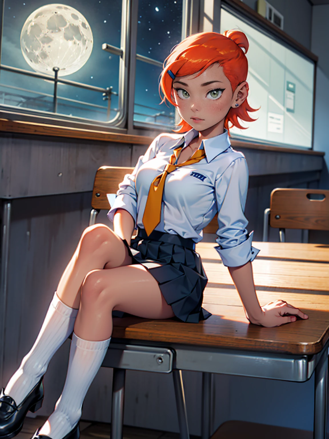 gwendolyn_tennyson, ((shaved side hair)), female, 1girl, night, (moon light, medium breasts), pink lipstick, killing giant robots, pleated skirt, dress shirt, white shirt, yellow cardigan, low heels, long socks, white socks, school, classroom, kawai, cute, portraits, vivid colors, soft lighting, JC girl, school uniform