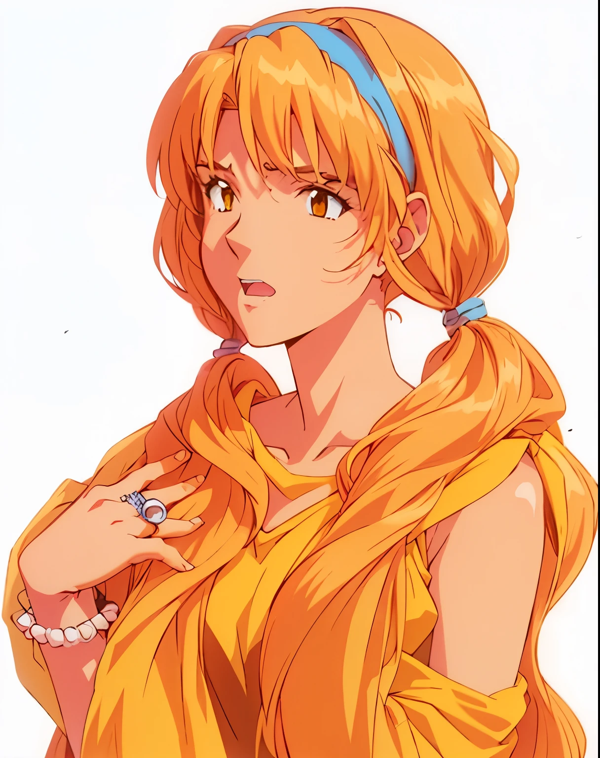 evangelion anime style, anime screencap, 1990s_\(style\), 1girl, yellow eyes, blue headband, ring, low pigtails
