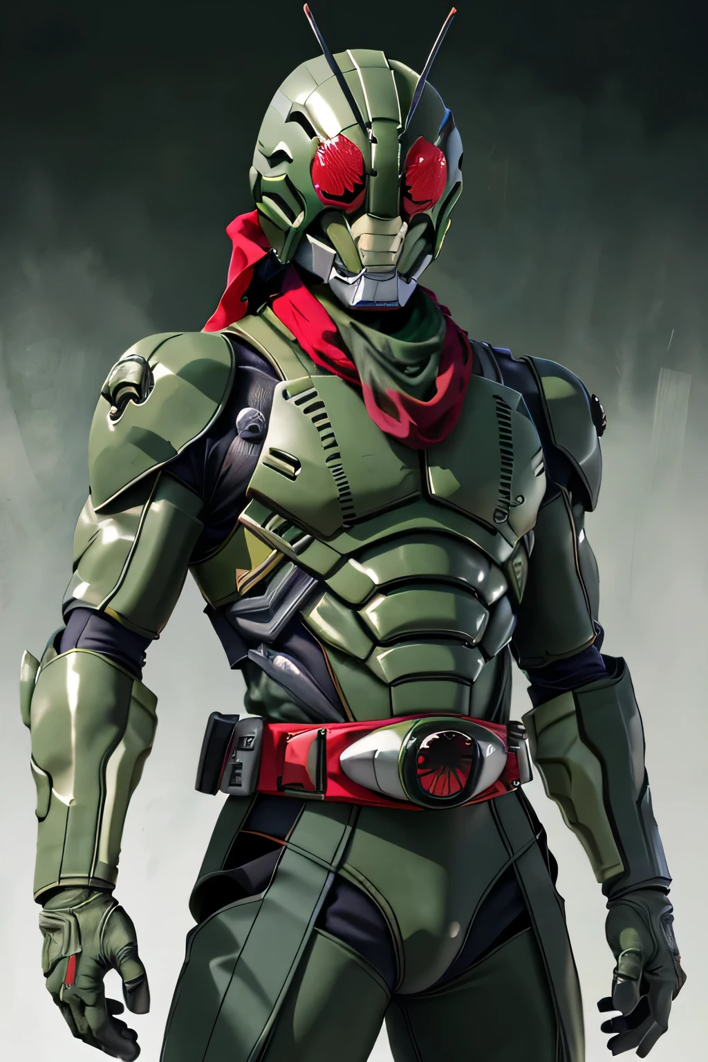 masterpiece, highest quality, shape, green bodysuit, red scarf, mask, Helmet, Special effects, belt, Dark green combat suit, Grasshopper mask, alone, whole body,