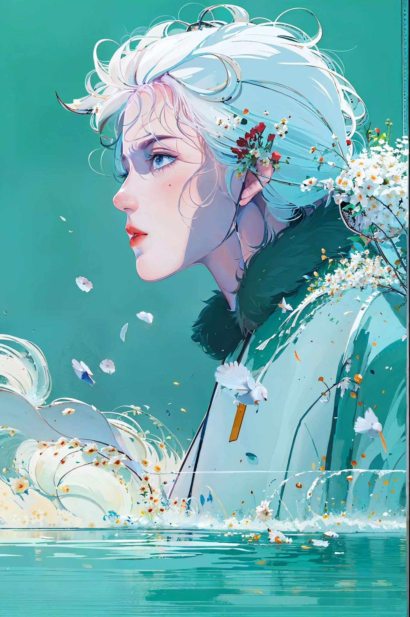 White-haired men floating on the water,minimalist,large areas of blue,animation art style,palette bright,dark white and light sky blue