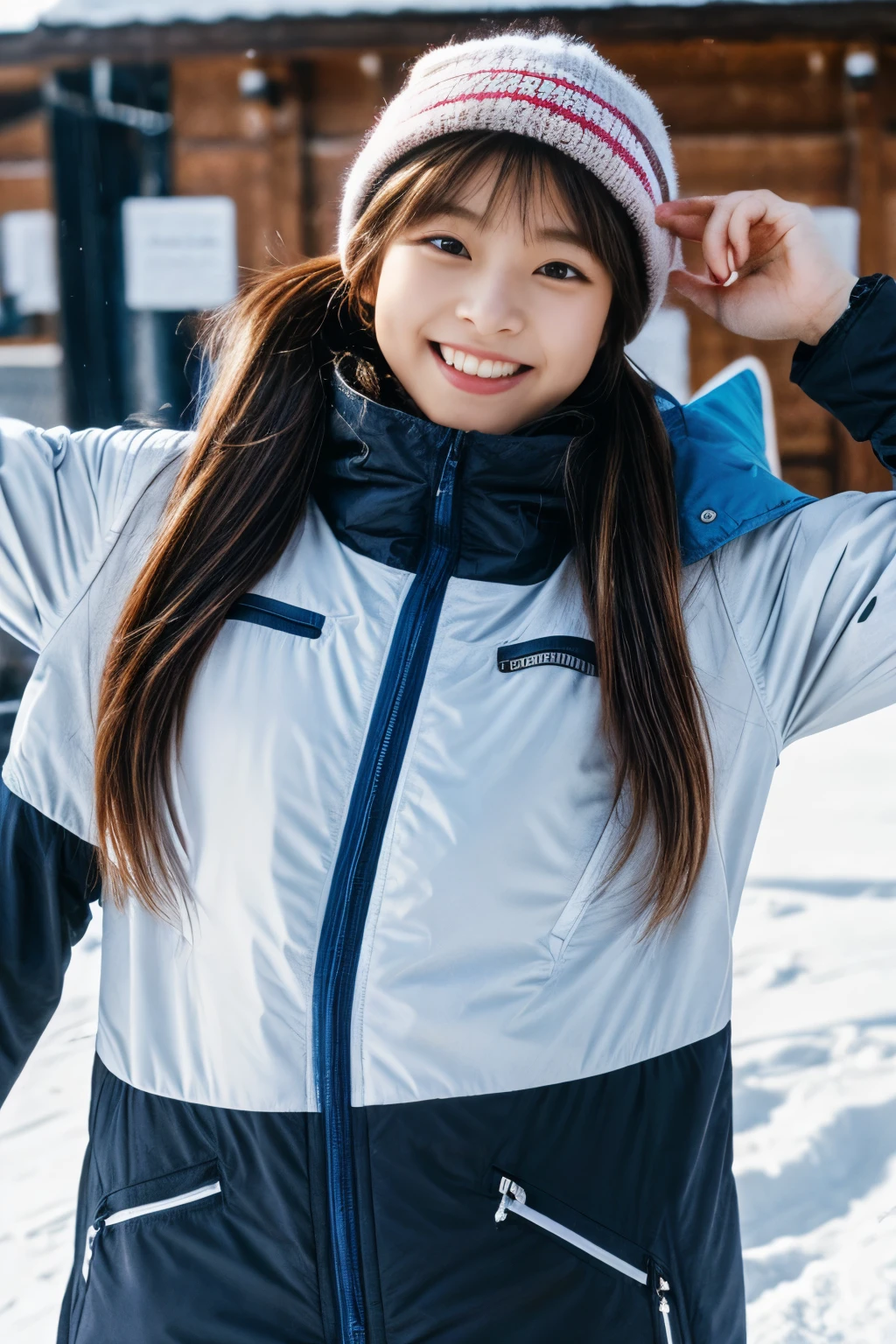 ((highest quality)), (high resolution), Realistic, masterpiece, 1 person, whole body, Japanese girl, age 18, cute, Black Hair, (blunt bangs), Snowfield, (A shy smile:1.2), Snowwear