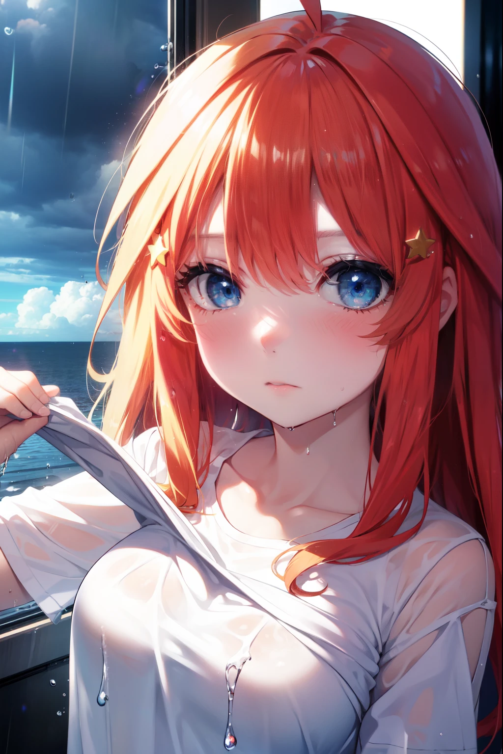 itsukinakano, Itsuki Nakano, bangs, blue eyes, hair between eyes, Ahoge, redhead, star \(symbol\), long hair,hair ornaments, star hair ornaments,blush,embarrassing,Wiping hair with a towel,Out of the window　rain,cloudy sky,
White shirt, black underwear,water droplets、wet hair , wet clothes,
break indoors, room,
break (masterpiece:1.2), highest quality, High resolution, unity 8k wallpaper, (figure:0.8), (detailed and beautiful eyes:1.6), highly detailed face, perfect lighting, Very detailed CG, (perfect hands, perfect anatomy),