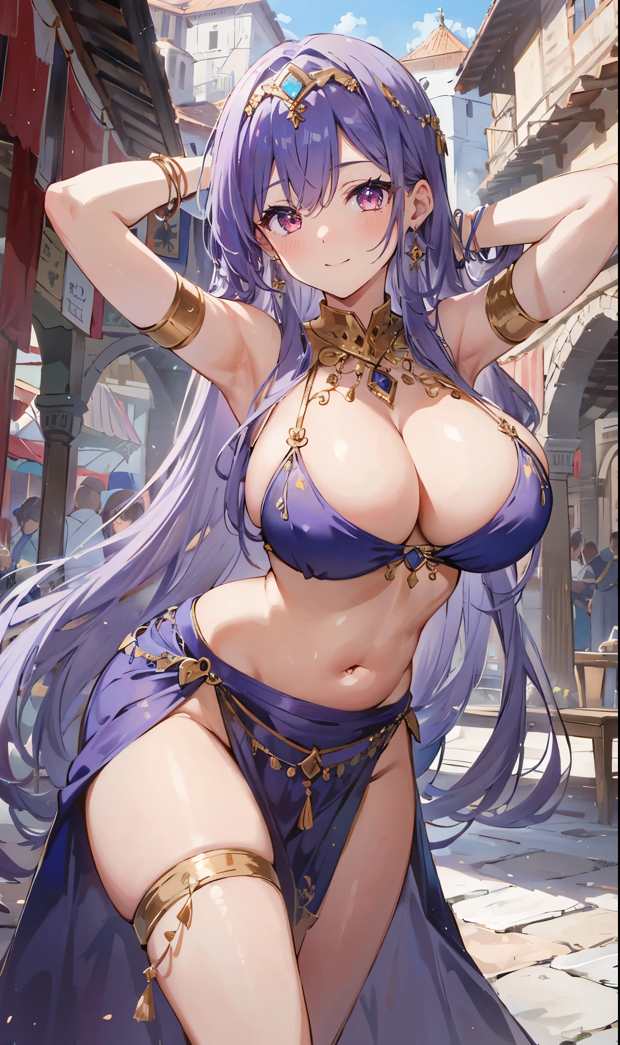 high quality, ultra detailed, best quality, insanely detailed, beautiful, masterpiece, 1girl, plaza, medieval Europe, cowboy shot, red eyes, long hair, light purple hair, (belly dancer, harem outfit, pelvic curtain:1.2), purple costume, bare legs, circlet, earrings, armlets, bracelets, bashful smile, dancing, large breasts, cleavage, soft stomach