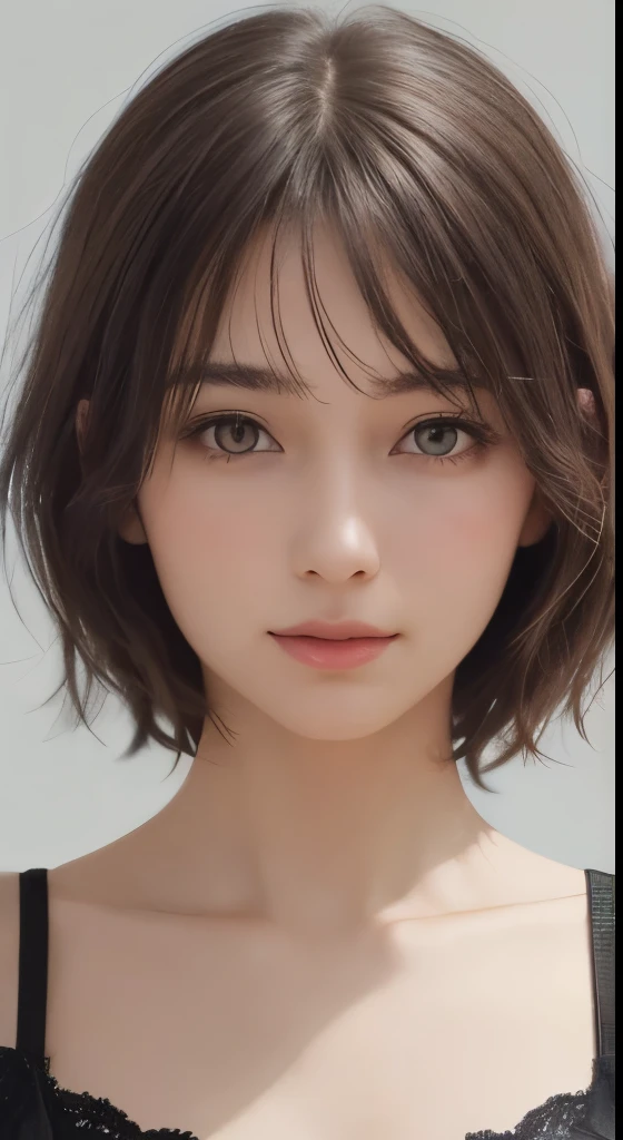 (masterpiece、highest quality、photorealistic、High resolution、photograph、:1.3)、close up shot、sharp focus、30 year old mature woman、small face、no makeup、Detailed beautiful eyes、bangs、dark brown hair、short cut hair、(realistic skin)、beautiful skin、charming、超High resolution、Super realistic、High definition、Camisa branca aberta,middlebre、small breasts、bust B cup、small breasts、cool beauty、Gray background、
