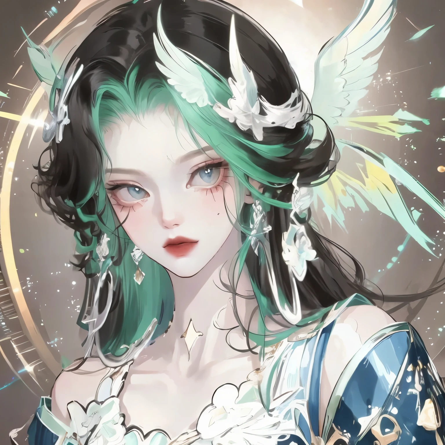 1 girl, masterpiece, Extremely detailed, ((light)), (luminescent), ((dramatic lighting)), ((Beautiful and detailed light)), intricate details, lens flare, colorful hair, rainbow hair, long hair, colorful dress, Butterfly髮飾, Butterfly, (light particles), Put your arms behind your back,, [curved], Cowboy shooting, faint smile, green eyes, church, Multicolored Glass, spotlight, dark background, Floating hair, Floating hair, looking at the audience,((rich and colorful))