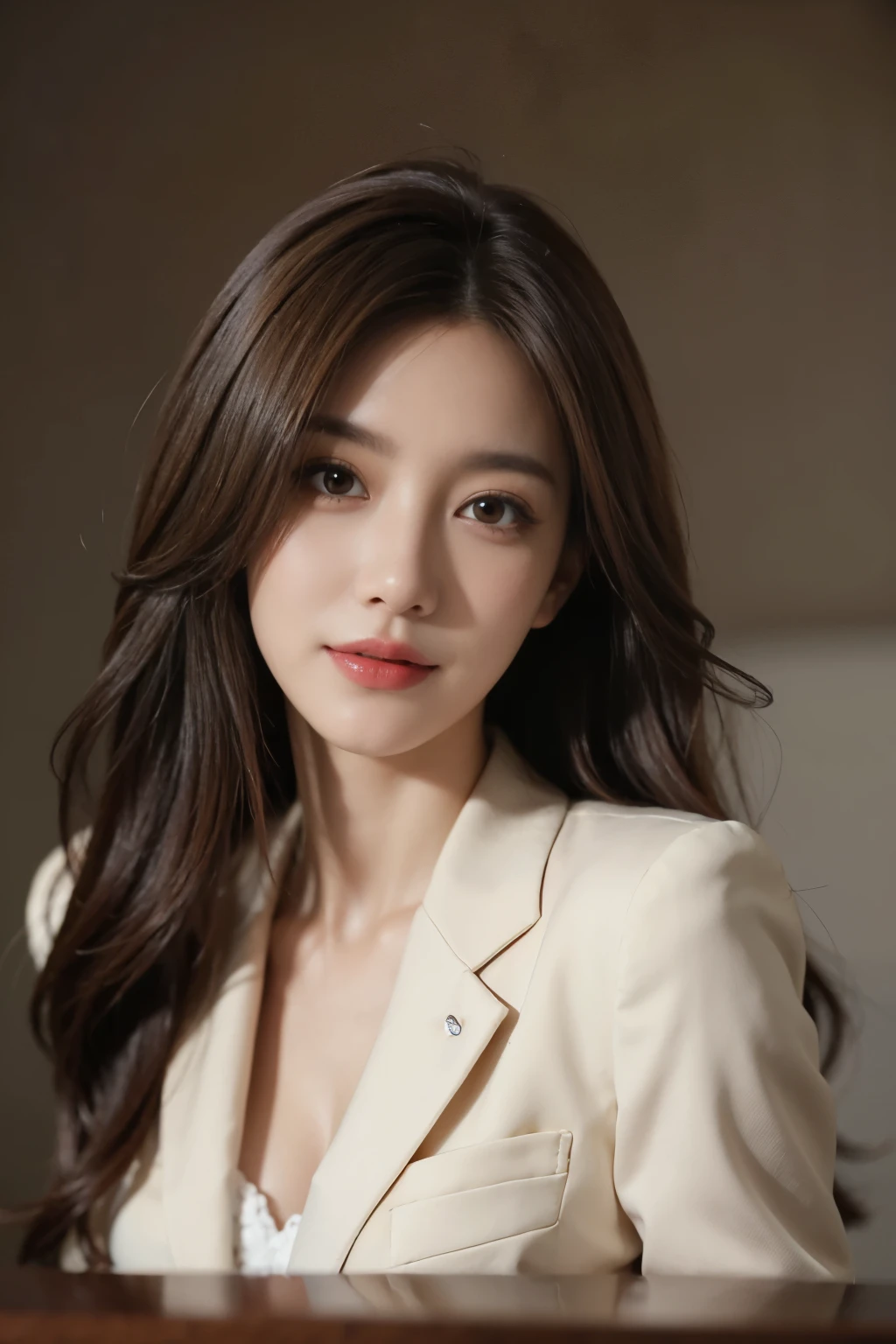 table top, highest quality, realistic, Super detailed, finely, High resolution, 8k wallpaper, 1 beautiful woman,, light brown messy hair, wearing a business suit, sharp focus, perfect dynamic composition, beautiful and detailed eyes, thin hair, Detailed realistic skin texture, smile, close-up portrait, model body shape,cleavage