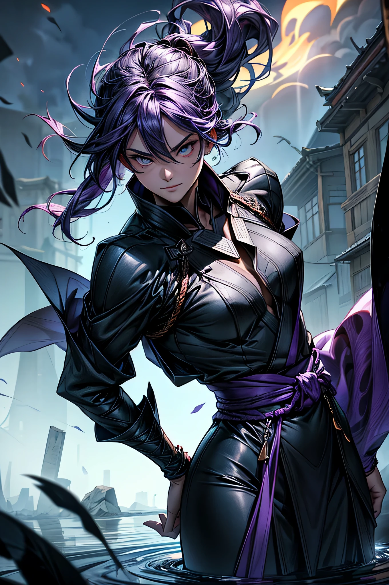 A figure of mystery and power draped in resplendent purple robes that resemble a kimono, alto e imponente tendo como pano de fundo uma vila serena. Seus cabelos elegantes caem em cascata pelas costas, enquadrando um rosto angular com profundidade, inscrutable eyes and an enigmatic smile. Banhado em um brilho misterioso, they radiate an aura of intrigue and mystique, with the sky above swirling with contrasting colors, sugerindo as profundezas de suas habilidades sobrenaturais. The figure strikes a pose of silent strength and determination, obra de arte, using charcoal on textured paper to create a sense of depth and shadow, --ar 16:9 --v 5