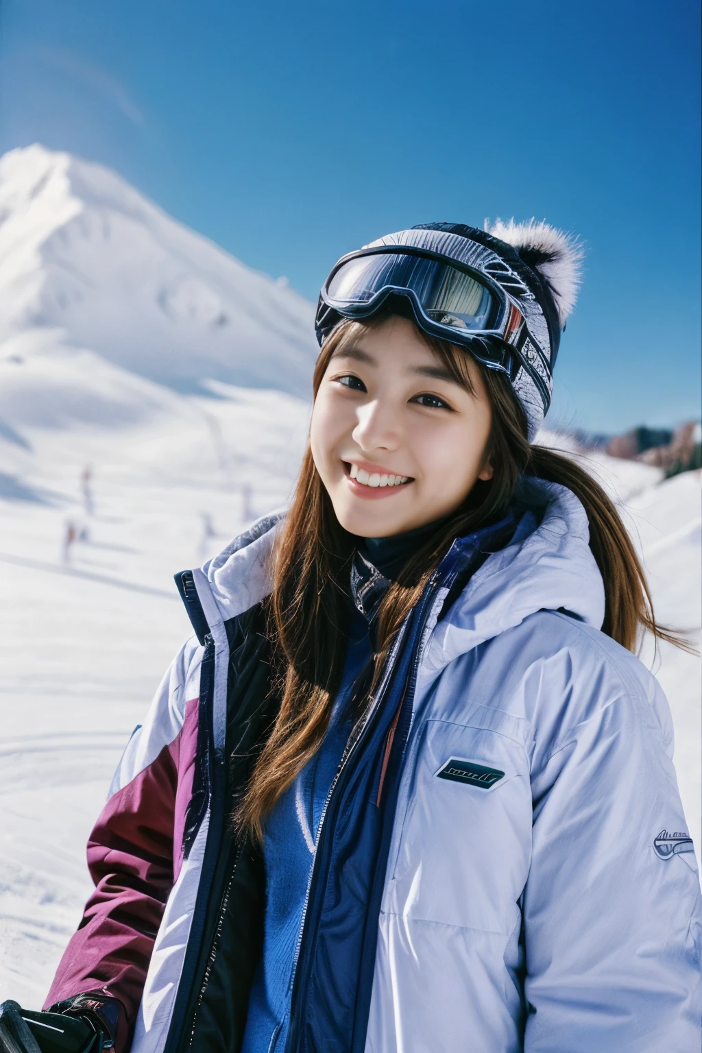 masterpiece、4k、highest quality、beautiful korean woman、Detailed description、1 girl、23 years old、(ski wear)、(to ski:1.1)、(movie, Ilford HP5, 80mm)、 Depth of the bounds written、cowboy shot、smile
