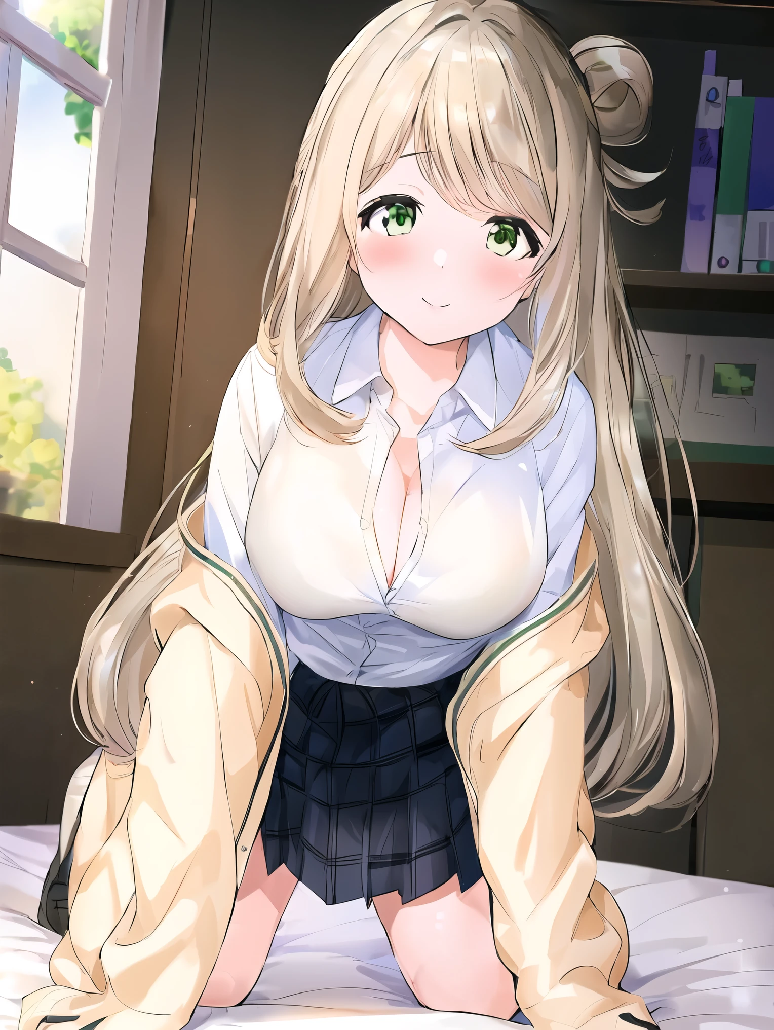 8k, 8k portrait, (masterpiece, best quality), super fine illustration, depth of field, nonomi, BREAK 1 girl, light green eyes, BREAK (long hair, Ivory hair:1.3), BREAK (white collar shirt, pleated skirt, high socks), BREAK smile, all fours on bed, collarbone, Breast view, (without bra),