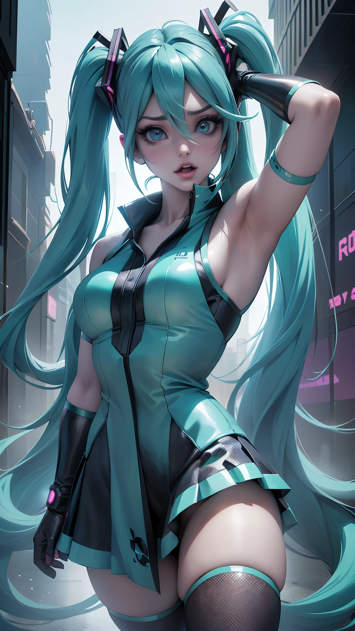 (La mejor calidad,A high resolution,Ultra - detallado,actual),Ariana Grande, chica anime cosplay, anime cosplay, (Hatsune MikuCosplay:1.4) , foto de cosplay, dos colas blancas_guantes, cosplay, lindo anime waifu con un bonito vestido, chica anime con pelo largo, Diosa del anime, cosplay elegante y glamoroso, chica anime disfrazada de sirvientaMore detailed 8K.motor irreal:1.4,UHD,La mejor calidad:1.4, fotorrealista:1.4, textura de la piel:1.4, obra maestra:1.8,obra-prima, mejor calidad,objeto Objeto], (detailed face features:1.3),(Las proporciones correctas),(Ojos hermosos azules),  (pose vaquero), ,( ciberpunk 2.1), (fondo Cyberpunk city Tokio ,Volumetric light,an expansive view of:1.4),( dedos detailed:1.4),( perfect anatomy), (vestuario kawaii :1.4) 