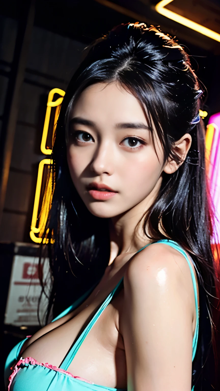 ((best quality, 8 thousand, masterpiece: 1.3)), (25 year old woman), ((That person's face is very small:1.3)), (glowing skin:1.3), (huge breasts, abandoned box:1.4), 매우 detailed face과 피부 질감, detailed eyes, double eyelid, realistic, Highly Detailed CG Integrated 8 thousand Dendenden Wallpapers, Detail, High-quality RAW color photos, professional photography, (8 thousand, RAW photos, best quality:1.2), (Neon sign background:1.4), transcendent beauty, young and cute, indian woman, (shiny skin:1.3), (huge breasts:1.2), (detailed face:1.2), (long hair blowing in the wind:1.2), (Twisted dress:1.4), pink, small hands,