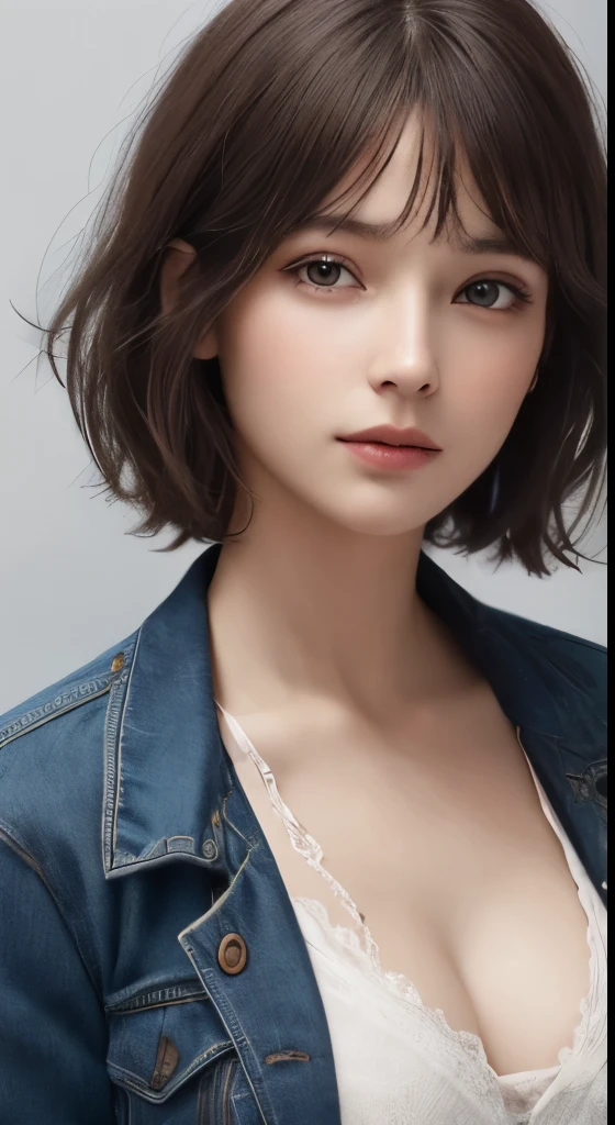 (Representative works:1.4)、(8k、photorealistic、RAW photo、Highest image quality:1.4)、(realistic skin)、(Charm、超High resolution、Super realistic、High resolution、)30 year old mature woman、small face、no makeup、A well-formed and beautiful face、short hair、dark brown hair、Detailed beautiful eyes、off shoulder、Bust B Cup、exposed cleavage、、cool pose、gray background、