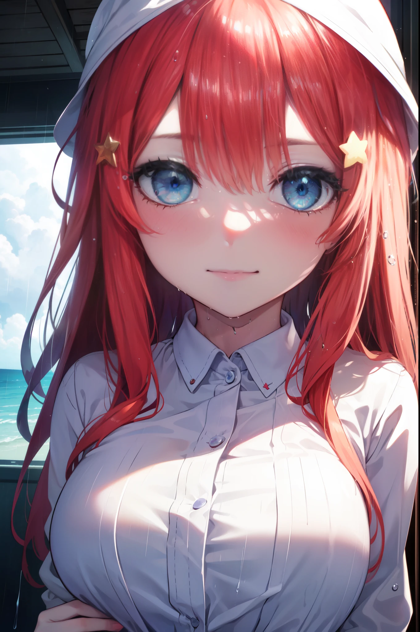 itsukinakano, Itsuki Nakano, bangs, blue eyes, hair between eyes, Ahoge, redhead, star \(symbol\), long hair,hair ornaments, star hair ornaments,blush,embarrassing,smile,Wiping hair with a towel,Out of the window rain,cloudy sky,White shirt, black underwear,water droplets、wet hair , wet clothes,
break indoors, room,
break (masterpiece:1.2), highest quality, High resolution, unity 8k wallpaper, (figure:0.8), (detailed and beautiful eyes:1.6), highly detailed face, perfect lighting, Very detailed CG, (perfect hands, perfect anatomy),