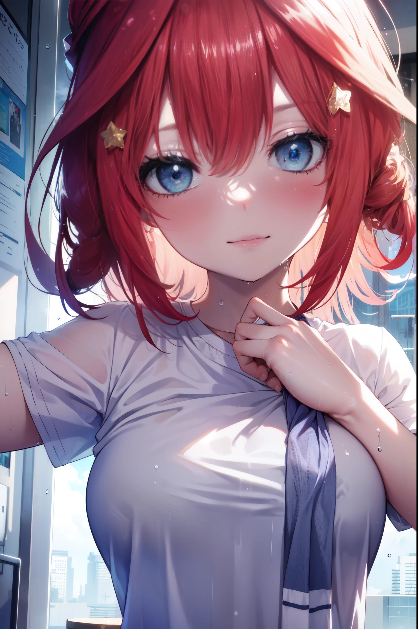 itsukinakano, Itsuki Nakano, bangs, blue eyes, hair between eyes, Ahoge, redhead, star \(symbol\), long hair,hair ornaments, star hair ornaments,blush,embarrassing,smile,Wiping hair with a towel,Out of the window rain,cloudy sky,White shirt, black underwear,water droplets、wet hair , wet clothes,
break indoors, room,
break (masterpiece:1.2), highest quality, High resolution, unity 8k wallpaper, (figure:0.8), (detailed and beautiful eyes:1.6), highly detailed face, perfect lighting, Very detailed CG, (perfect hands, perfect anatomy),