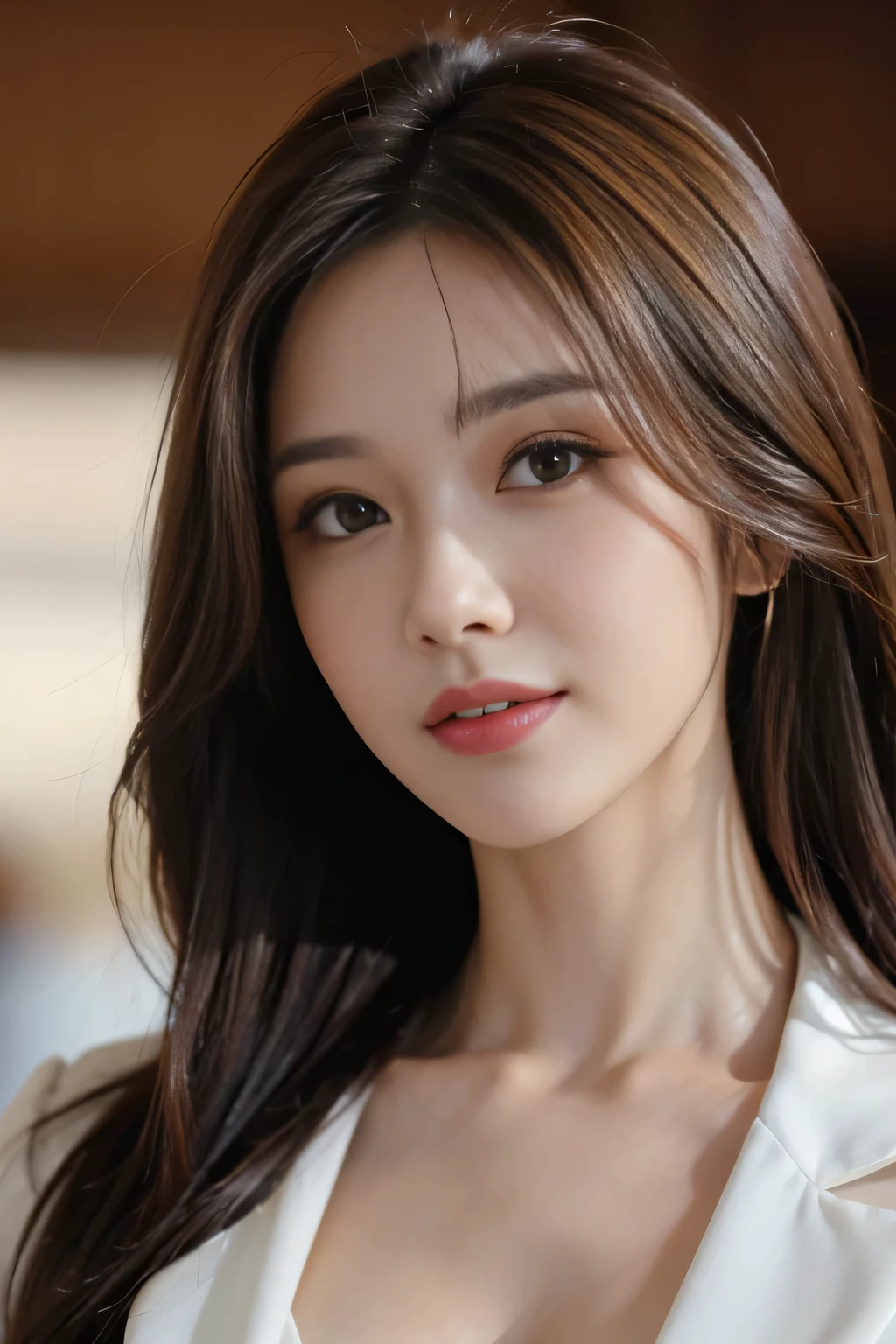 table top, highest quality, realistic, Super detailed, finely, High resolution, 8k wallpaper, 1 beautiful woman,, light brown messy hair, wearing a business suit, sharp focus, perfect dynamic composition, beautiful and detailed eyes, thin hair, Detailed realistic skin texture, smile, close-up portrait, model body shape
