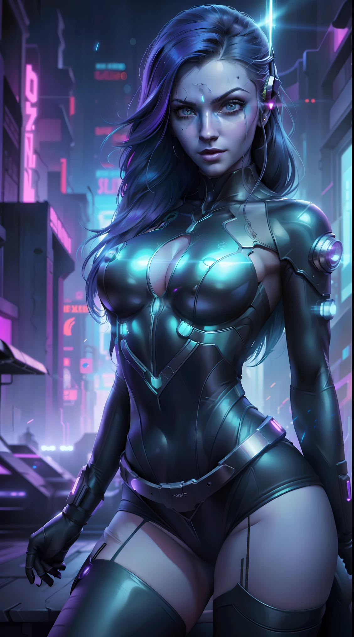 1 garota, drow sexy, pele roxo-azul escura, coque de cabelo prateado claro, ((olhos vermelhos)), orelhas de elfo, Usa ((Bodysuit Branco Sexy Cyberpunk Feiticeira)), salto alto, Empunha ((Equipe Cyberpunk)), Spear ((magia da luz)), posando em um streer cyberpunk ocupado, atletic, volumetric lighting, melhor qualidade, Parte Mestre, Realista, anatomicamente correto, (strong cinematic lighting), detalhes impressionantes, detalhes intrincados, 8k post production, high resolution, super detalhes, trends on Artstation, sharp focus, profundidade de campo f/1.8, Studio photos, ((looking at the camera)) sensual sexy