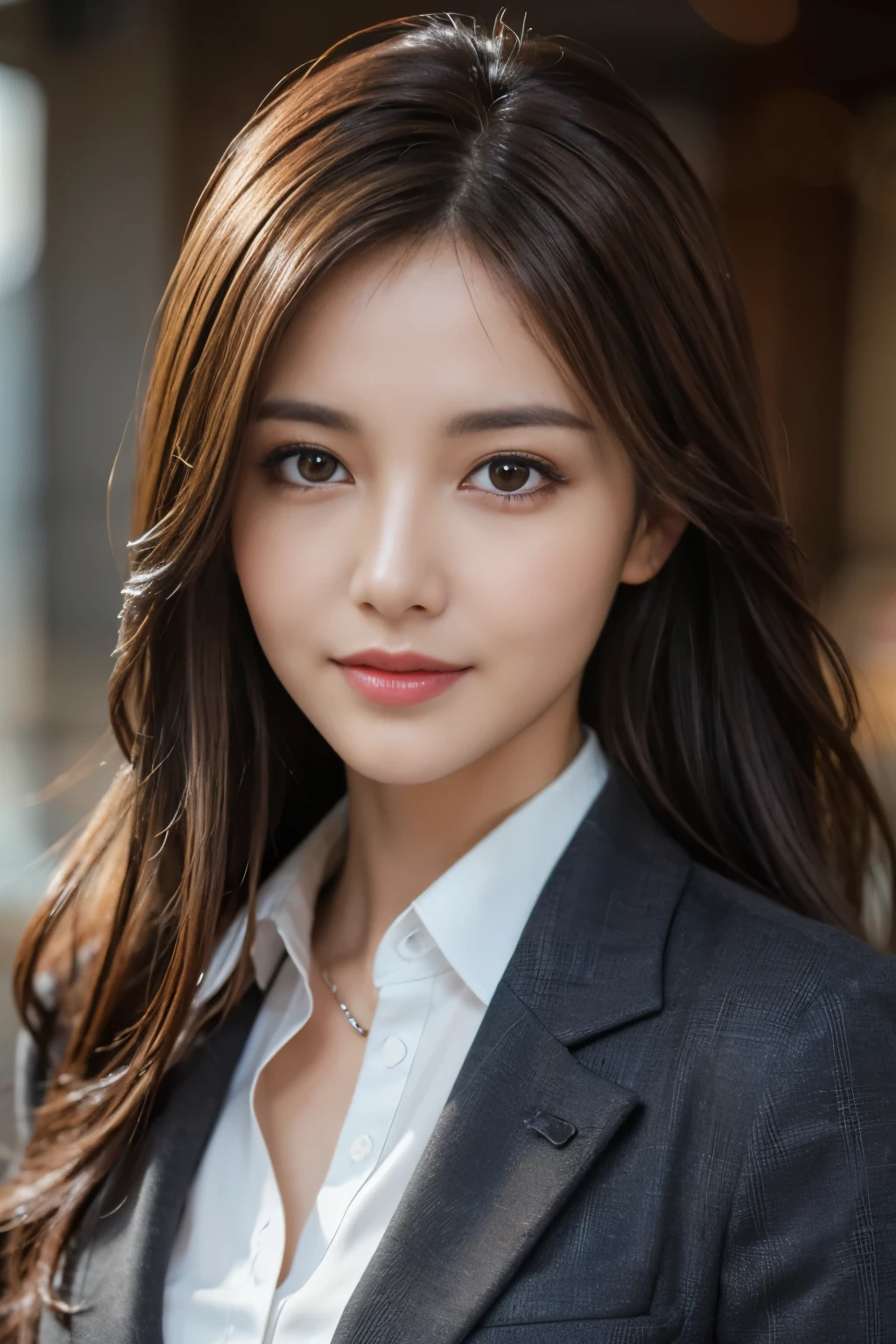 table top, highest quality, realistic, Super detailed, finely, High resolution, 8k wallpaper, 1 beautiful woman,, light brown messy hair, wearing a business suit, sharp focus, perfect dynamic composition, beautiful and detailed eyes, thin hair, Detailed realistic skin texture, smile, close-up portrait, model body shape
