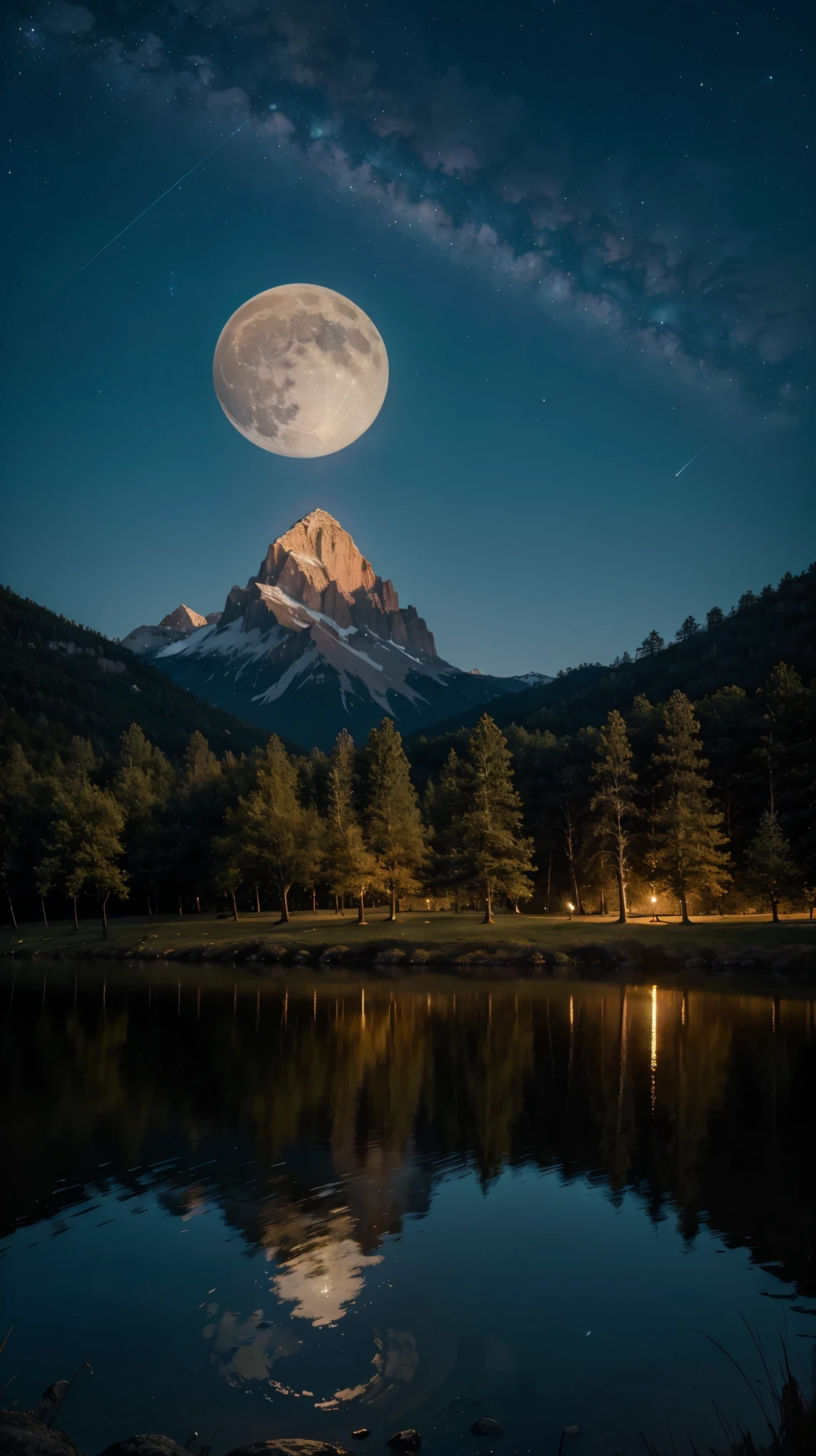 (highres,best quality,masterpiece:1.2),a beautiful landscape with a very large moon,illustration,impressive lunar surface,picturesque scenery,vivid colors,exquisite details,soft moonlight,serene atmosphere,pure nature,crystal clear lake,glowing trees,oozing tranquility,starlit sky,soothing ambience,harmony between sky and earth