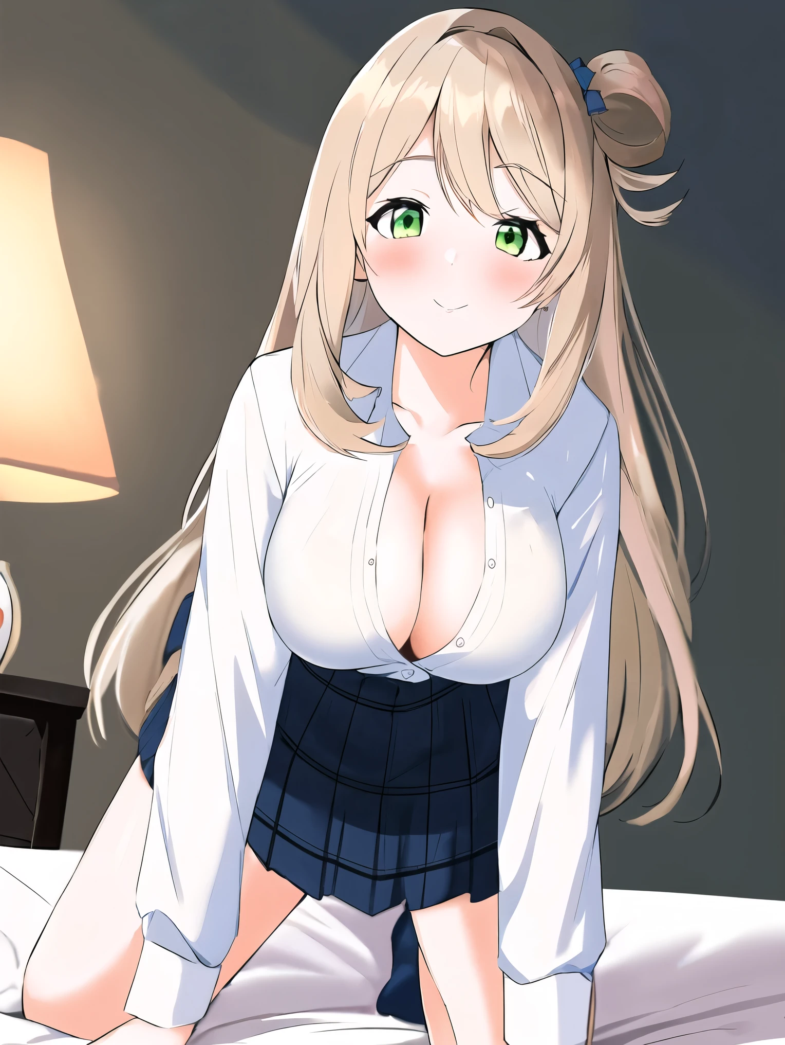 8k, 8k portrait, (masterpiece, best quality), superb exquisite, super fine illustration, depth of field, nonomi, BREAK 1 girl, light green eyes, BREAK (long hair, Ivory hair:1.3), BREAK (white collar shirt, pleated skirt, high socks), BREAK smile, all fours on bed, collarbone, Breast view, (without bra),