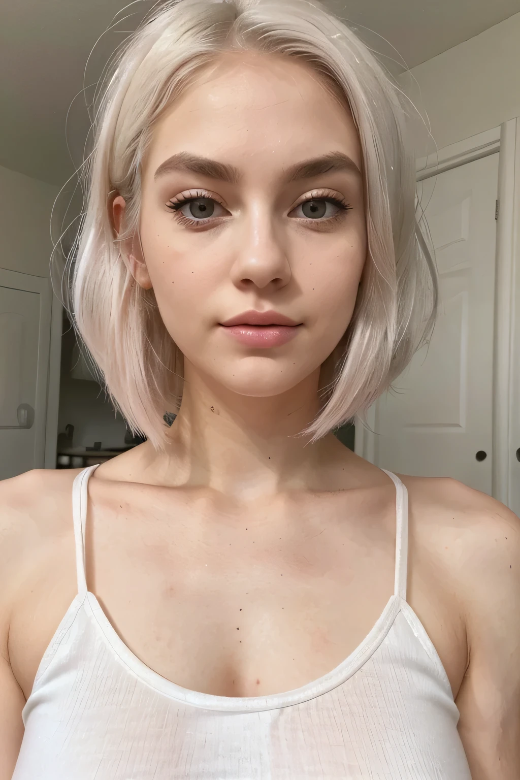 Photo of a 25 years old woman looking directly at the camera, with platinum hair that reaches just below her shoulders. Her facial features are delicate, with narrow eyebrows, long eyelashes, and pink lips. Her skin appears smooth with a slight flush on her cheeks. She is wearing a white tank top with thin straps, which emphasizes her large bust size and shoulders.