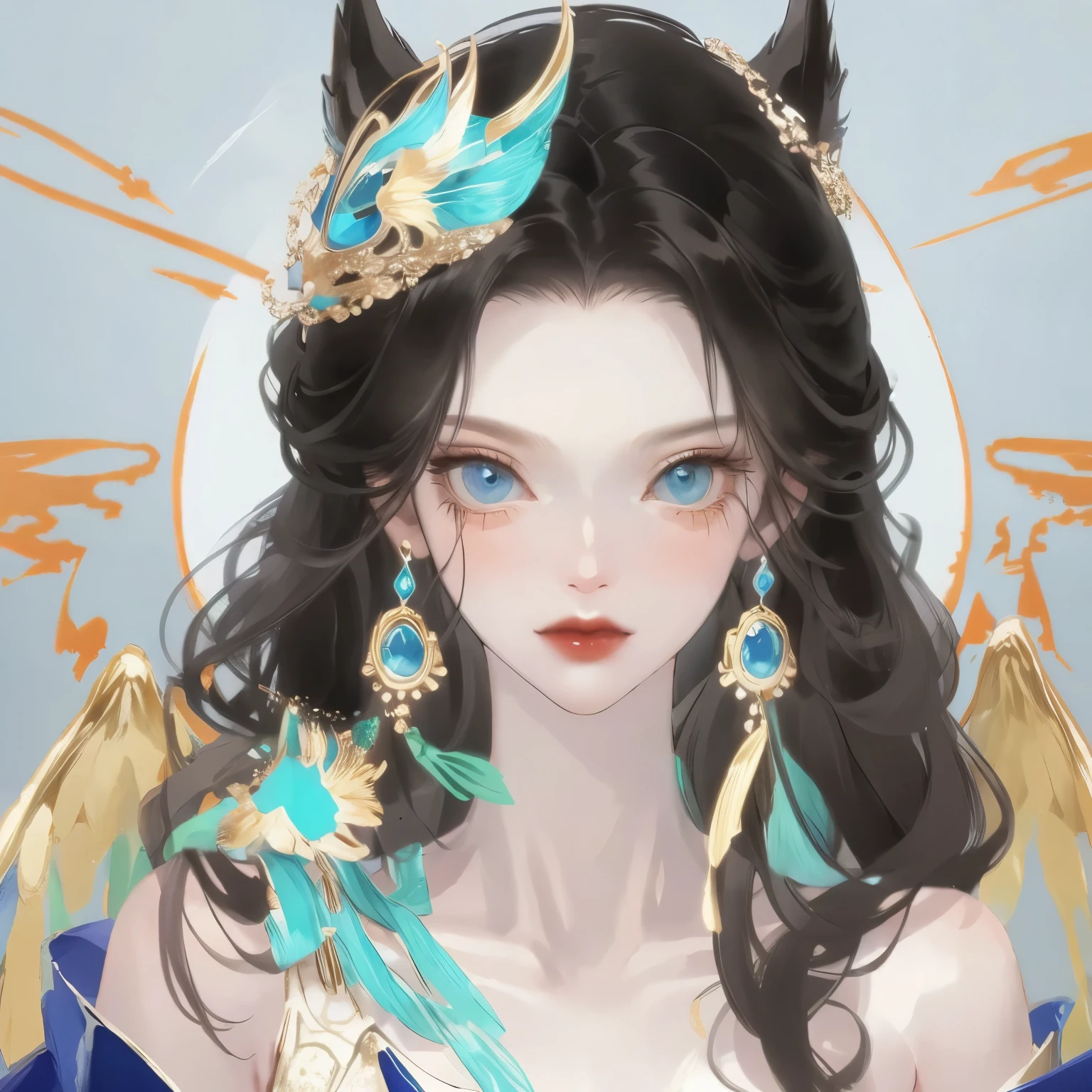 one wearing a blue dress、Cartoon picture of woman with white wings, Astral Witch Clothes, flowing magic robe, Dress up in dreamy formal attire, full body xianxia, Cotton Cloud Mage Robe, clothes themed on a peacock mage, ((beautiful fantasy queen)), fantasy costumes, fantasy robe, Beautiful celestial mage, Astral Fairy, Can be used all over the body