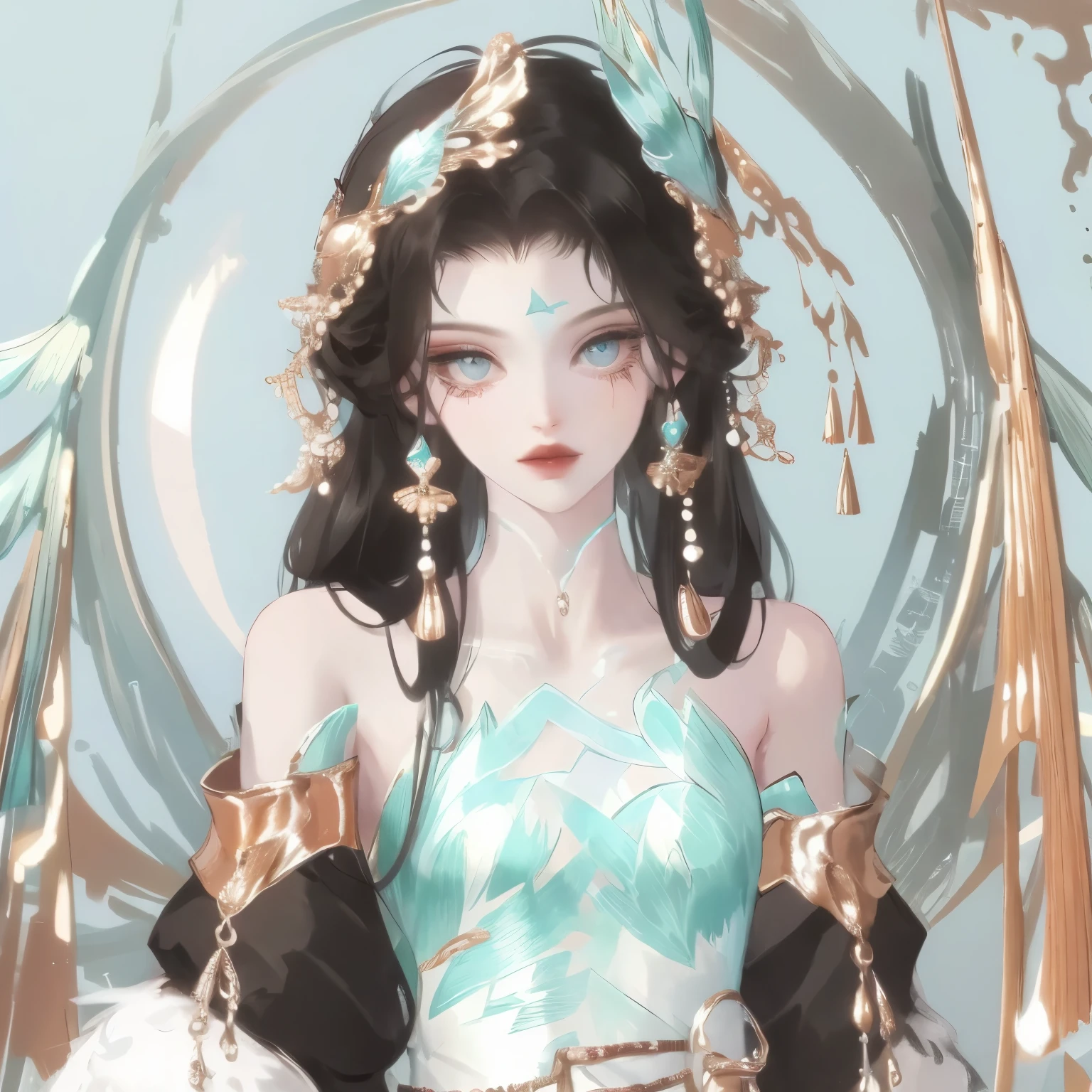 one wearing a blue dress、Cartoon picture of woman with white wings, Astral Witch Clothes, flowing magic robe, Dress up in dreamy formal attire, full body xianxia, Cotton Cloud Mage Robe, clothes themed on a peacock mage, ((beautiful fantasy queen)), fantasy costumes, fantasy robe, Beautiful celestial mage, Astral Fairy, Can be used all over the body