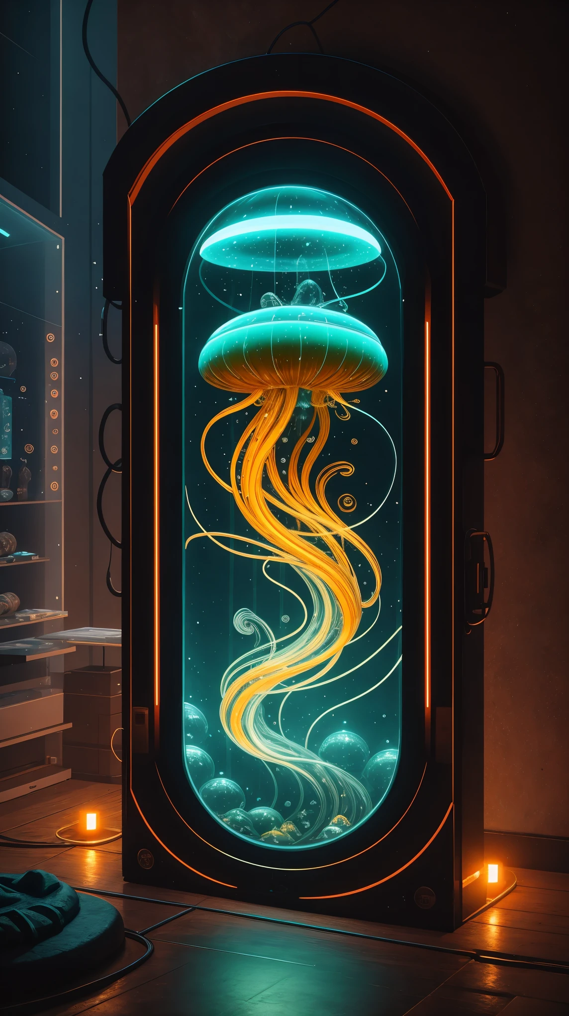 COMG3O,best quality,ultra-detailed,realistic,jellyfish,swimming underwater,glowing bioluminescence,fluid movement,transparent body,graceful tentacles,ethereal beauty,soft and gentle colors,subtle lighting,marine life exhibit,mesmerizing sight,abstract art