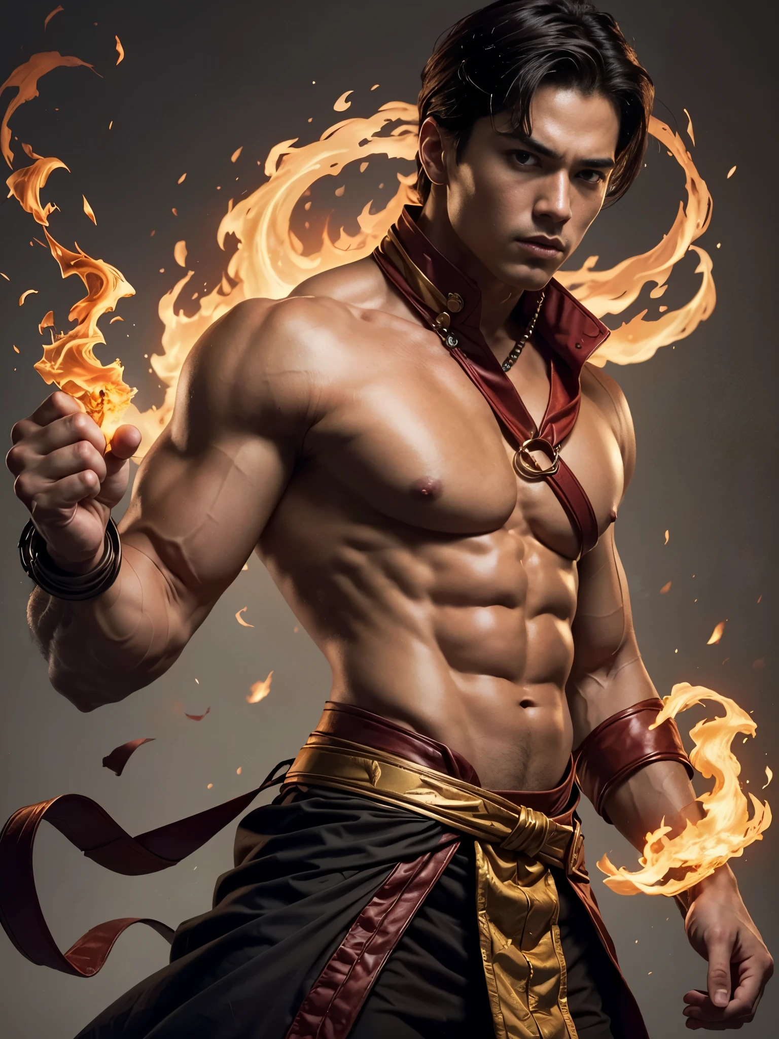 Photorealistic, handsome male model, masculine Asian mix guy, (young, 18 year old:1.5), ((best quality)), ((masterpiece)), (detailed), (barechested:1.7) Create an illustrated portrait of young Prince Zuko from "Avatar: The Last Airbender". Illustrate him with a strong square jawline, gaunt cheeks, and skinny face, shirtless, with attention to detail on his eye scar, golden eyes, he is a pyromancer, fire bender, with messy hair, and a toned, muscular physique that reflects his training and determination. Capture his expression, reflecting his internal conflict and growth throughout the series. The background should be dark and incorporate bending fire. Utilize dark colors and bold
