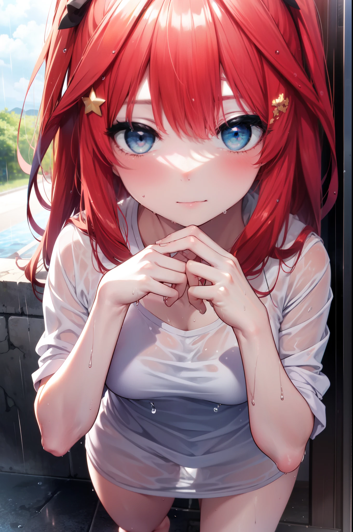 itsukinakano, Itsuki Nakano, bangs, blue eyes, hair between eyes, Ahoge, redhead, star \(symbol\), long hair,hair ornaments, star hair ornaments,blush,embarrassing,smile,have a towel,Out of the window　rain,cloudy sky,White shirt, black underwear,barefoot,water droplets、wet hair , wet clothes,wet skin,
break indoors, room,
break (masterpiece:1.2), highest quality, High resolution, unity 8k wallpaper, (figure:0.8), (detailed and beautiful eyes:1.6), highly detailed face, perfect lighting, Very detailed CG, (perfect hands, perfect anatomy),