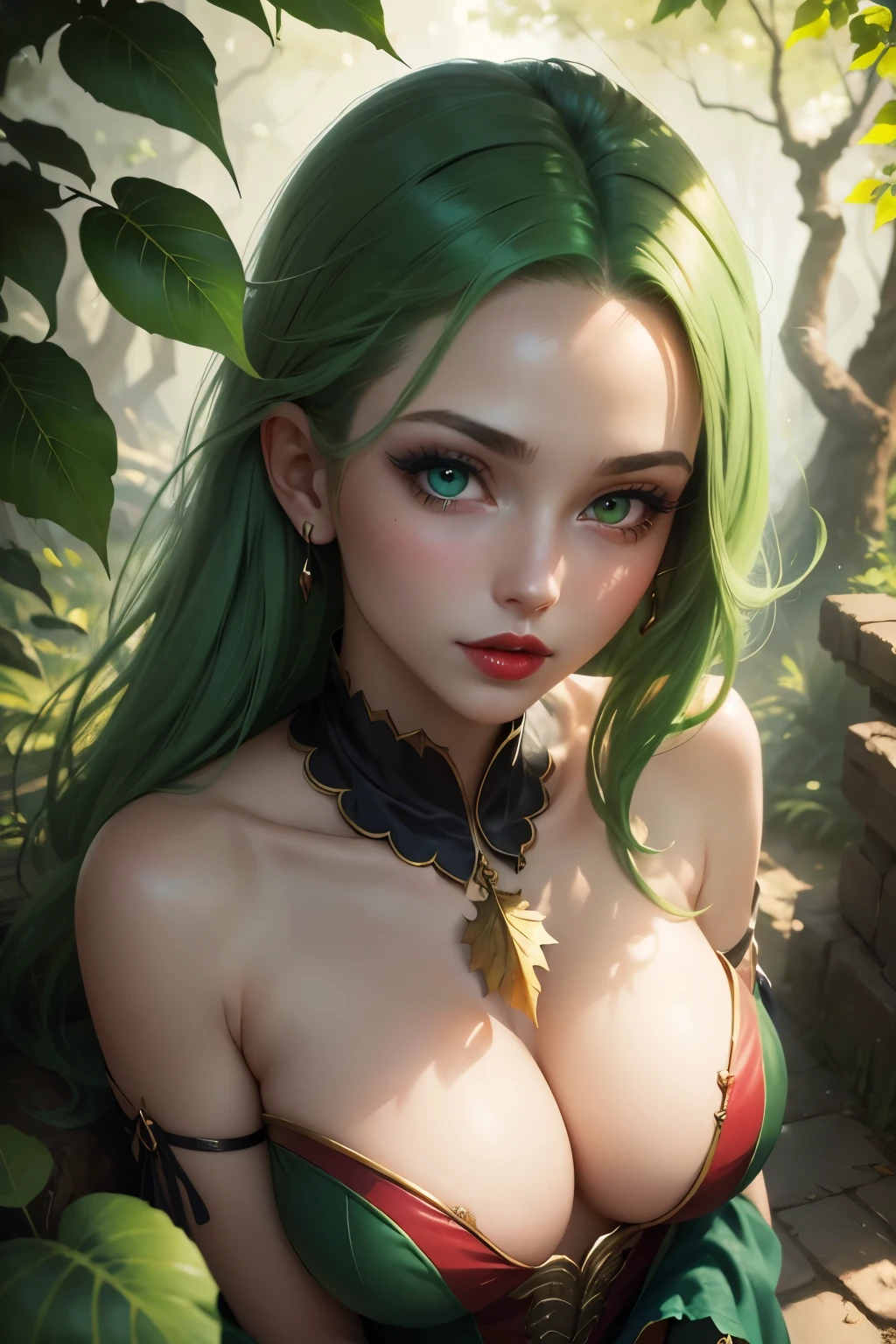 (masterpiece), best quality, perfect woman, texture skin, red lips, green hair, bright blue eye, blush, chin-down shot, from above, close camera, spring clothes, fantasy gardem, magic leafs, magic effects