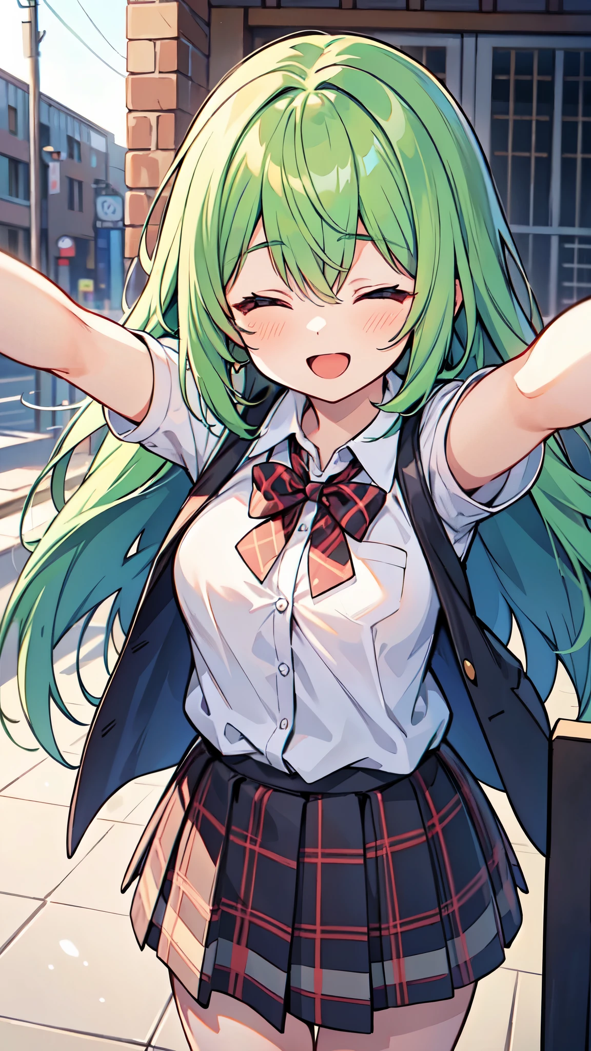 ((A Pretty High School girl with green hair)), ((Wearing white shirt and plaid skirt)), Baby face, ((master piece, top-quality, ultra-definition, high resolution)), anime girl, ((ultra-detailed illust:1.2)), only one person, bangs, hair between eye, beautiful hair, closed eyes, Medium breasts, Big smile, opened mouth, cityscape, spreading both arms, reach out both hands to viewer