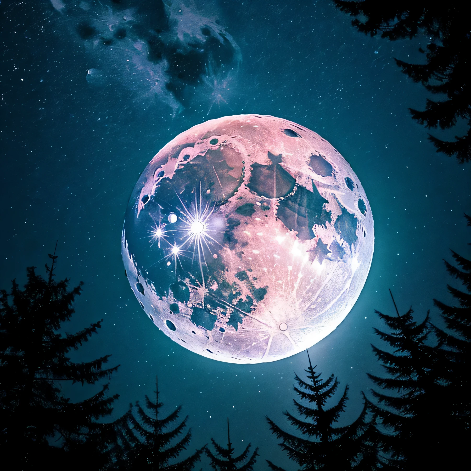 The moon seen from the bottom up, as if it were taken a picture from a professional camera, better lens, the moon is full and bright, around the camera has thin trees with dry branches, sky is starry but the highlight is the bright full moon. Cinematic, 8k.