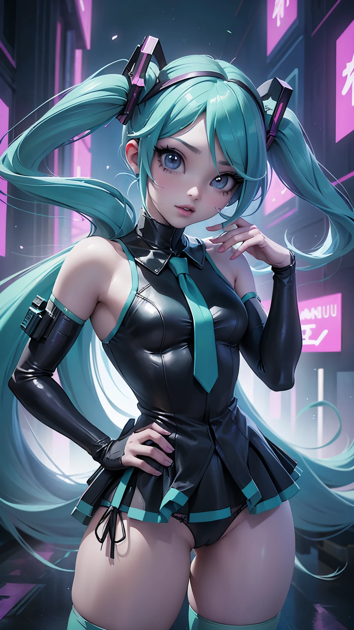 (La mejor calidad,A high resolution,Ultra - detallado,actual),Ariana Grande, chica anime cosplay, anime cosplay, (Hatsune MikuCosplay:1.4) , foto de cosplay, dos colas blancas_guantes, cosplay, lindo anime waifu con un bonito vestido, chica anime con pelo largo, Diosa del anime, cosplay elegante y glamoroso, chica anime disfrazada de sirvientaMore detailed 8K.motor irreal:1.4,UHD,La mejor calidad:1.4, fotorrealista:1.4, textura de la piel:1.4, obra maestra:1.8,obra-prima, mejor calidad,objeto Objeto], (detailed face features:1.3),(Las proporciones correctas),(Ojos hermosos azules),  (pose vaquero), ,( ciberpunk 2.1), (fondo Cyberpunk city Tokio ,Volumetric light,an expansive view of:1.4),( dedos detailed:1.4),( perfect anatomy), (vestuario kawaii :1.4), (showing children&#39;s print panties:1.4), (neon blue city noche :1.4) 