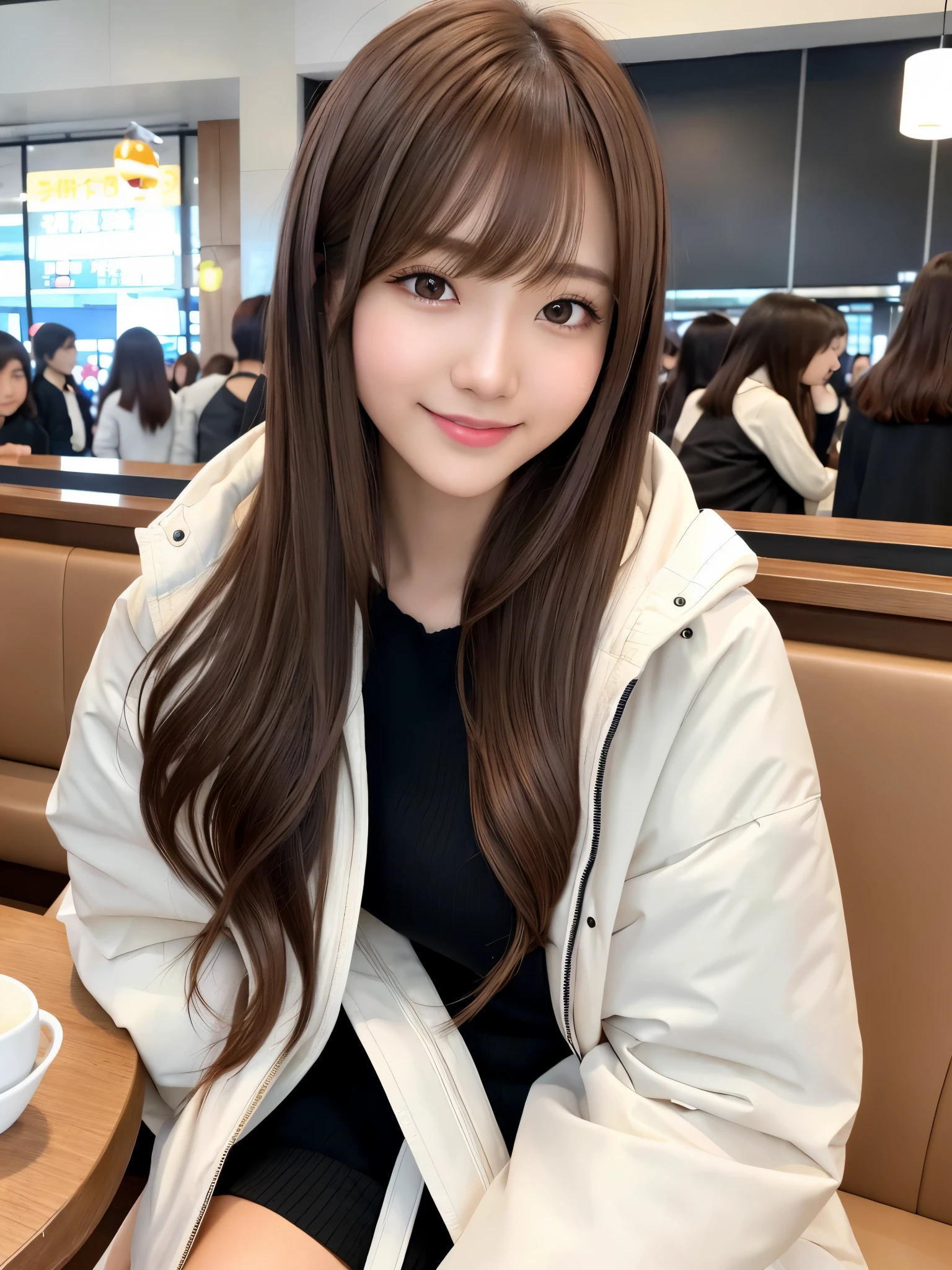 product quality, 1 girl, upper body shot, front view, a Japanese young pretty girl, long bob hair, sitting on a chair in front of a table in a crowded cafe with a big smile in a big station, silky white down parka over a black sweater, black miniskirt, hyper cute face, glossy lips, double eyelids for both eyes, natural makeup, shiny smooth light brown hair of long bob hair, asymmetrical bangs, high resolution, high detail, detailed hairstyle, detailed face, cinematic lighting, octane rendering, hyper realistic, perfect limbs, perfect anatomy