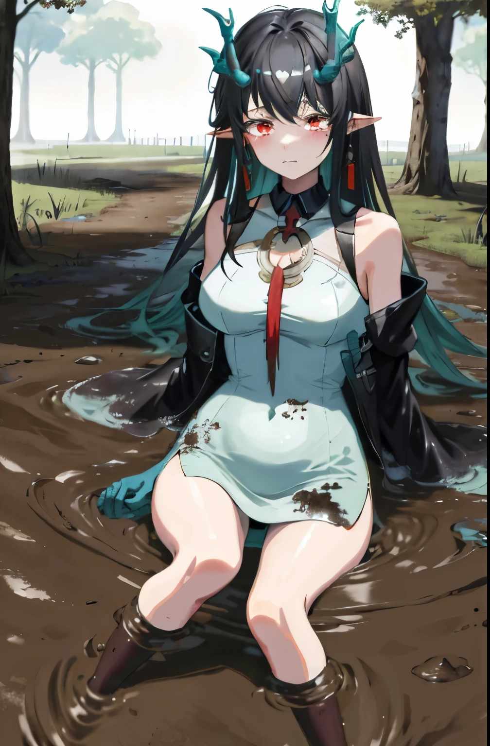 (best quality,ultra-detailed:1.2),1girl,crying,svelte figure,dizzy feeling,collar around her neck,full breasts,wide hips,perfect waistline,the atmosphere is in daytime,exudes an eternal aura,struggling in a muddy swamp,her legs sinking into the mud,a look of despair on her face (despair:1.0),clothes stained with mud.