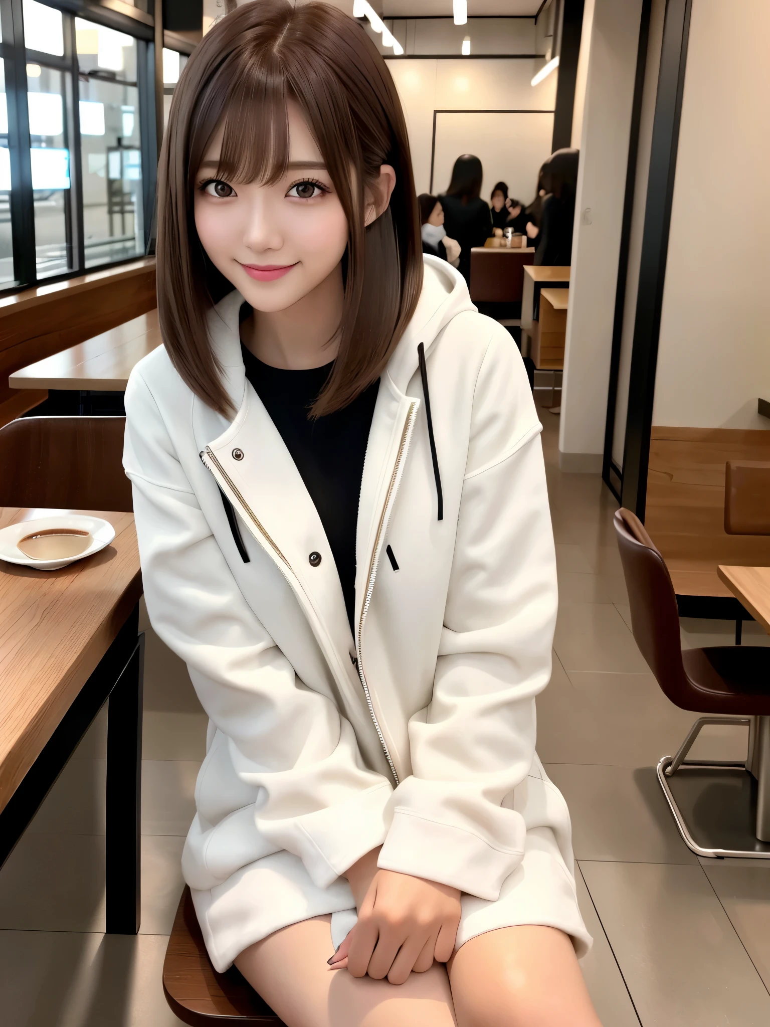 product quality, 1 girl, upper body shot, front view, a Japanese young pretty girl, long bob hair, sitting on a chair in front of a table in a crowded cafe with a big smile, a cup of coffee on the table, silky white down parka over a black sweater, black miniskirt, hyper cute face, glossy lips, double eyelids for both eyes, natural makeup, shiny smooth light brown hair of long bob hair, asymmetrical bangs, high resolution, high detail, detailed hairstyle, detailed face, cinematic lighting, octane rendering, hyper realistic, perfect limbs, perfect anatomy