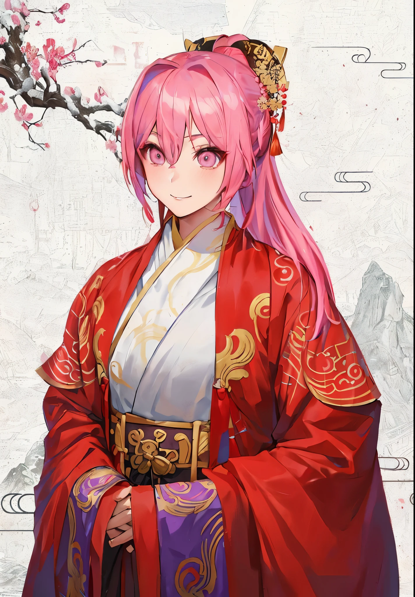 Anime character with pink hair and red chinese hanfu, guweiz on pixiv artstation, Guweiz on ArtStation Pixiv, guweiz, Popular topics on artstation pixiv, zero art, Produced by Anime Painter Studio, guweiz style artwork, Beautiful anime portrait, Detailed anime character art, Clean and detailed anime art，Three Kingdoms style，Three Kingdoms Unparalleled Style，Smile，Dressed in ancient Chinese costumes，ponytail，Behind the ancient town in the snowy mountains