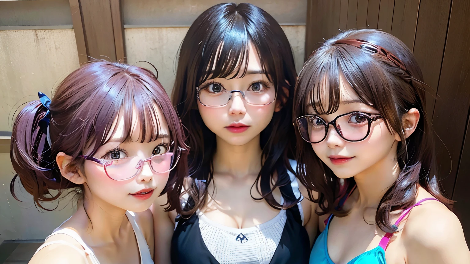 3chica, Kororo Tsurumaki, Kaoru Seta, Hagumi Kitazawa, swimsuit, bikini, cabello corto, pelo de cola de caballo, pelo largo morado, realista, ultra detalle, lente de 70 mm, lentes redondos
