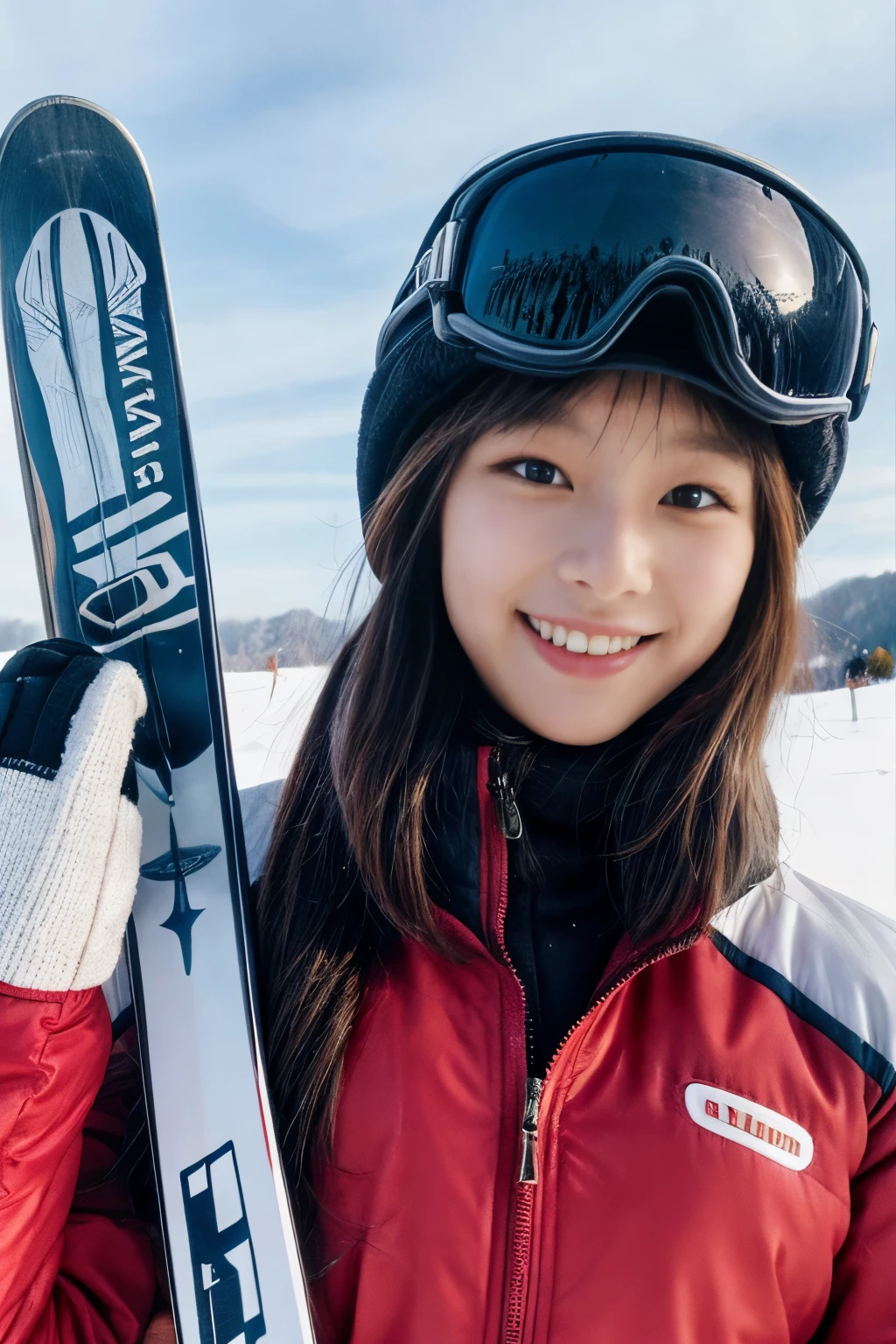 masterpiece、4k、highest quality、beautiful korean woman、Detailed description、1 girl、23 years old、(ski wear)、(to ski:1.1)、(movie, Ilford HP5, 80mm)、 Depth of the bounds written、cowboy shot、smile