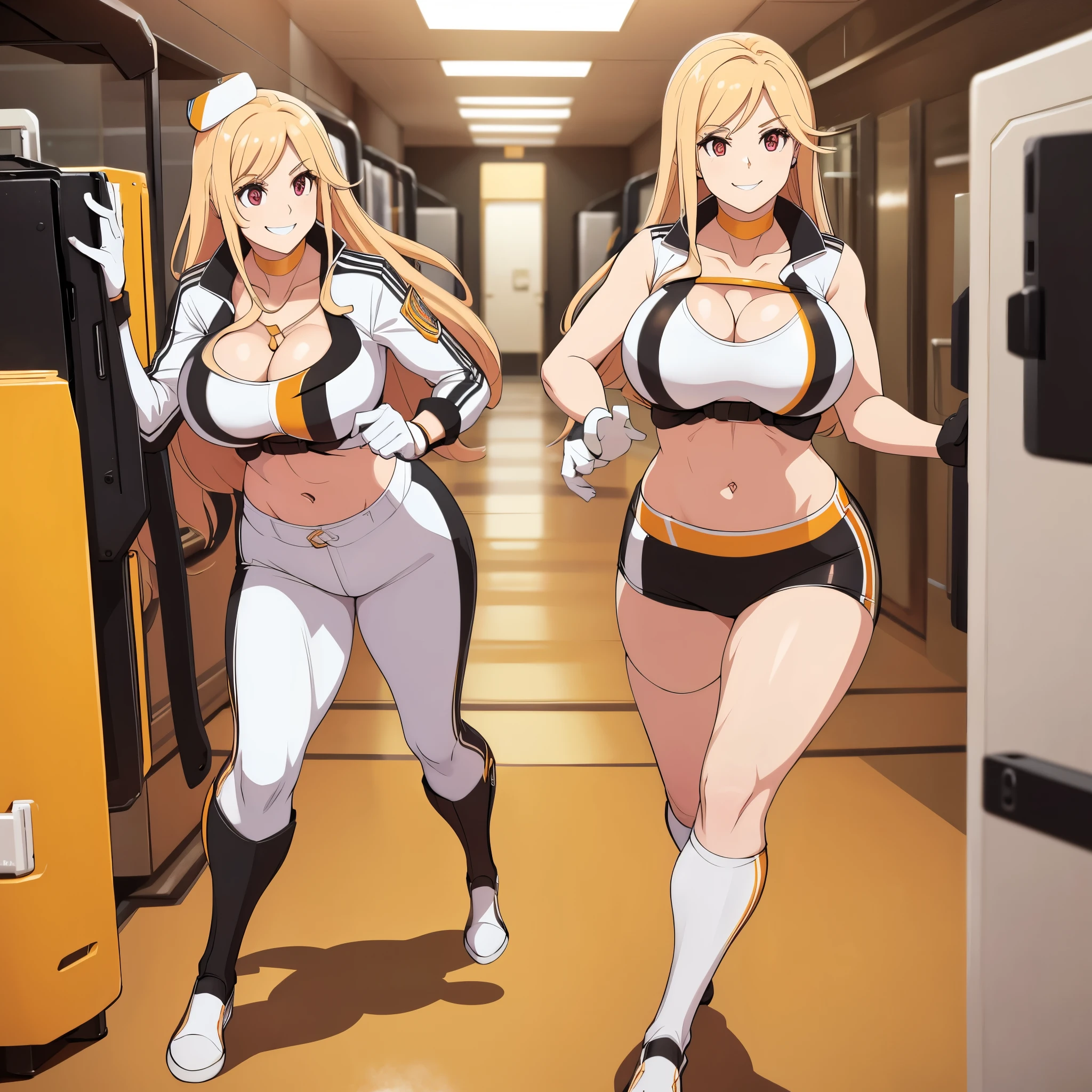 a woman in a custom running room, big breasts, smiling
