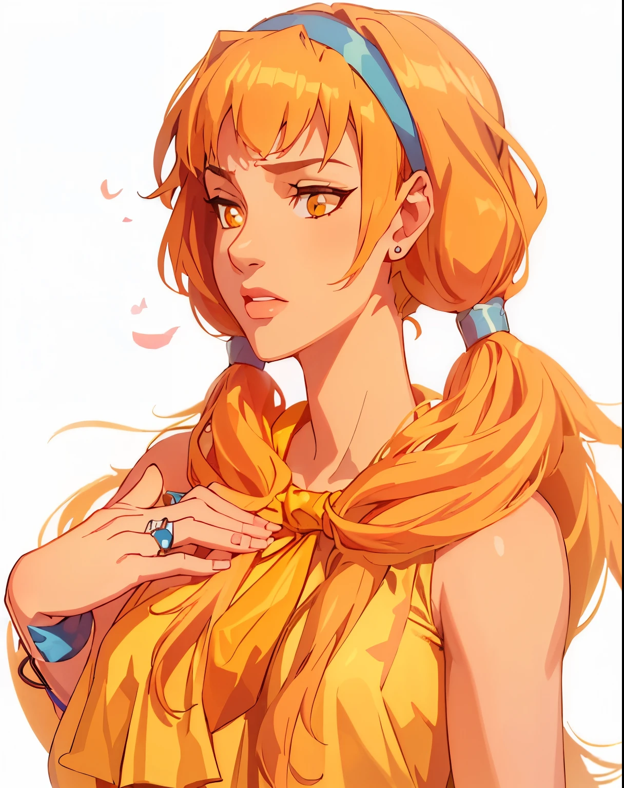 1girl, solo, ((masterpiece)), yellow eyes, ring, blue headband, low pigtails
