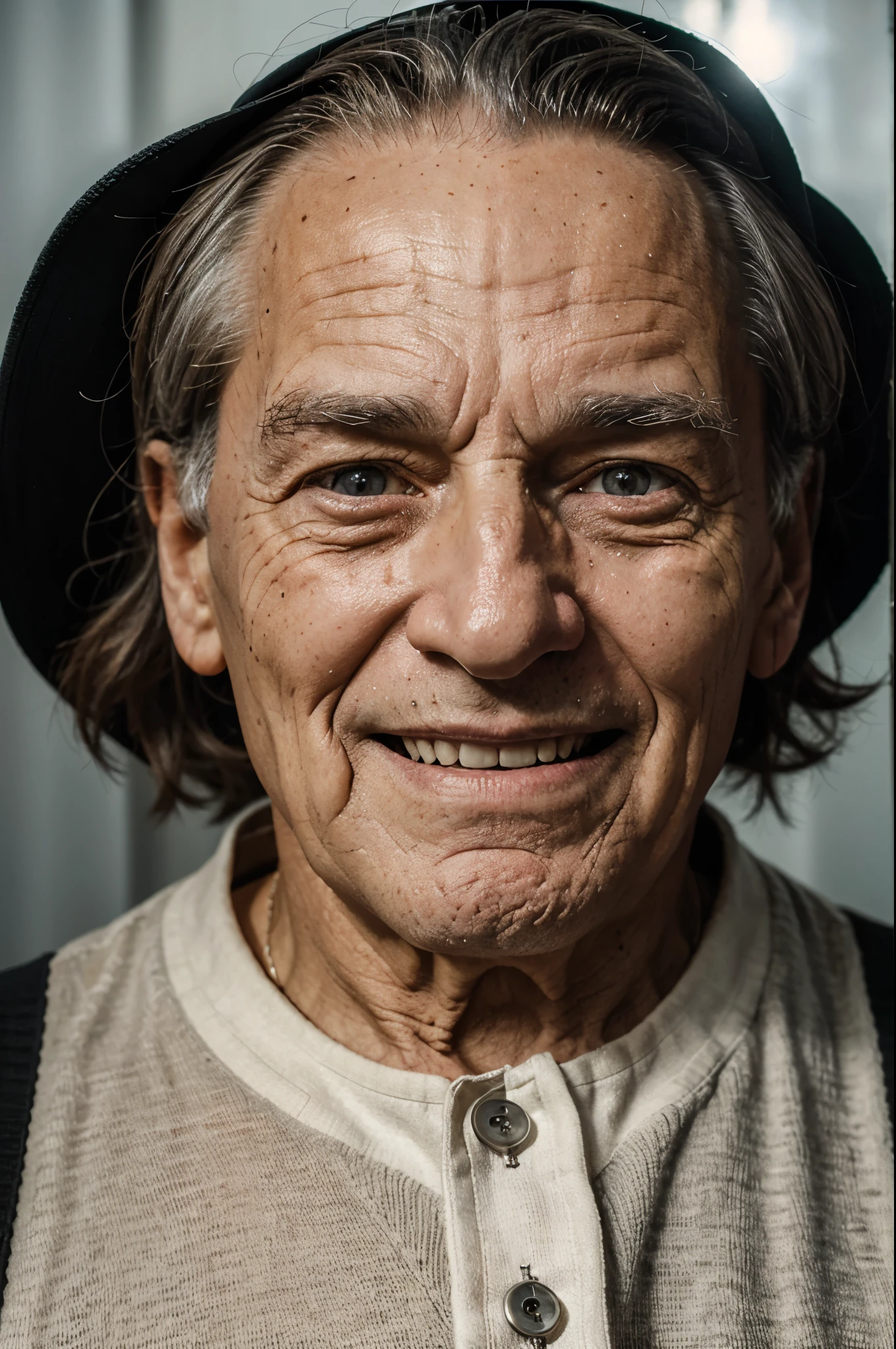 a portrait photo of a happy 100 year old man , ambient occlusion, volumetric light, hyperrealistic, scarry background, hight detail, 8k, high octane,