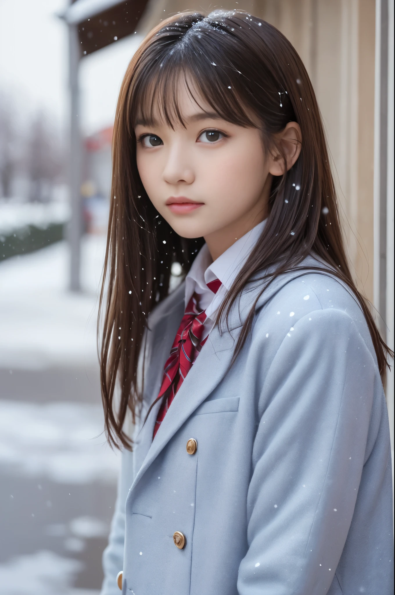 one girl, (a beauty girl, delicate girl:1.3), (10 :1.3),
break, (Winter School Uniforms, cute uniform:1.3),
break, (Street view:1.3), (it's snowing:1.3), perfectly trimmed fingers,
break, extremely fine-grained clarity, (symmetrical eyes:1.3),
break, small breasts, brown eyes, parted bangs, brown hair, girl,
break, (Eye and face details:1.0), (get closer to the face, zoom in on the face, face focus:1.0),
break, (masterpiece, highest quality, super detailed, detailed face, 8k)