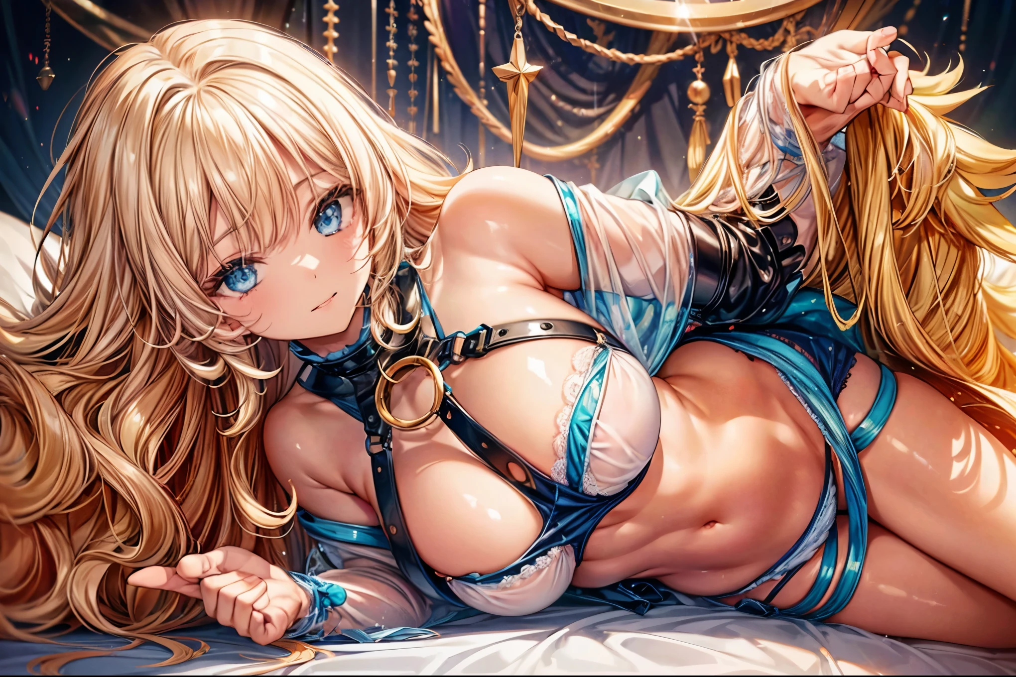 sensual, ((long blonde curly hair)), thick thighs, 8K, 4K, highest quality, High resolution:1.2), cute anime face, noise reduction, ((shining blue eyes, gentle smile, kind eyes))、toned abdominal muscles, muscular arms, muscular legs, young face, anime eyes, (((big breasts、Breasts that are about to burst)))、(((whole body)))、wearing leather lingerie、lie down on the bed