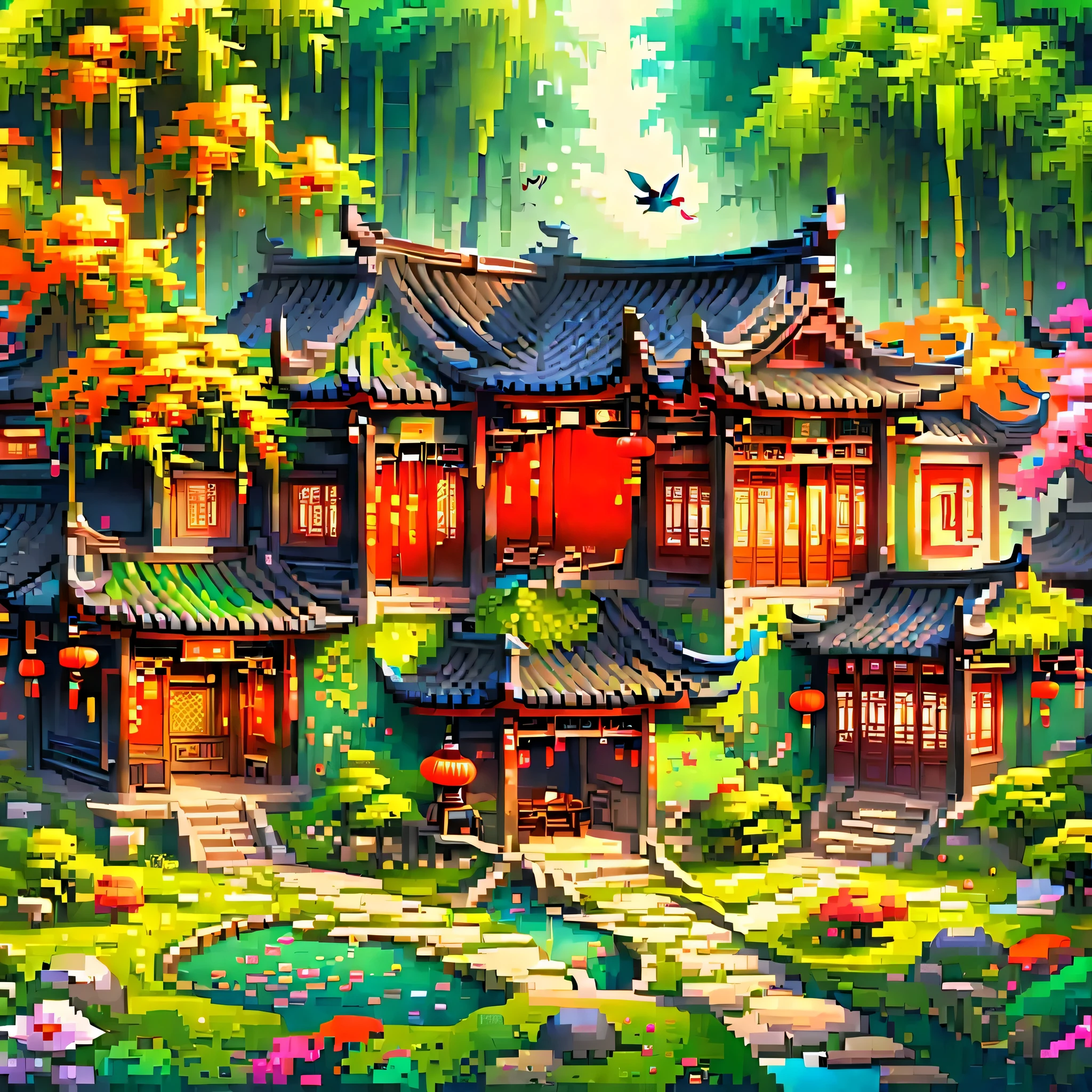 (masterpiece, best quality:1.2), ancient chinese house，bright colors，traditional building，bamboo forest，Black tile roof，Flower path，3d，(Aerial view)，((ox仔:1.5))，((pedestrian))，((ox))，((swallow))