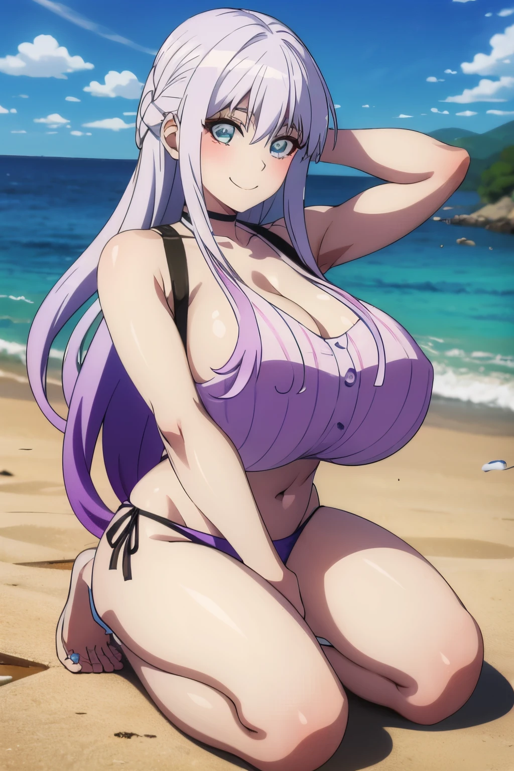 from above,the anime character with long white-purple-silver hair, has a big smile, 1girl, solo, smile, gradient hair, long hair, multicolored hair,(gigantic breasts:1.3), blue eyes.5fingers,bikini,beach,sitting,