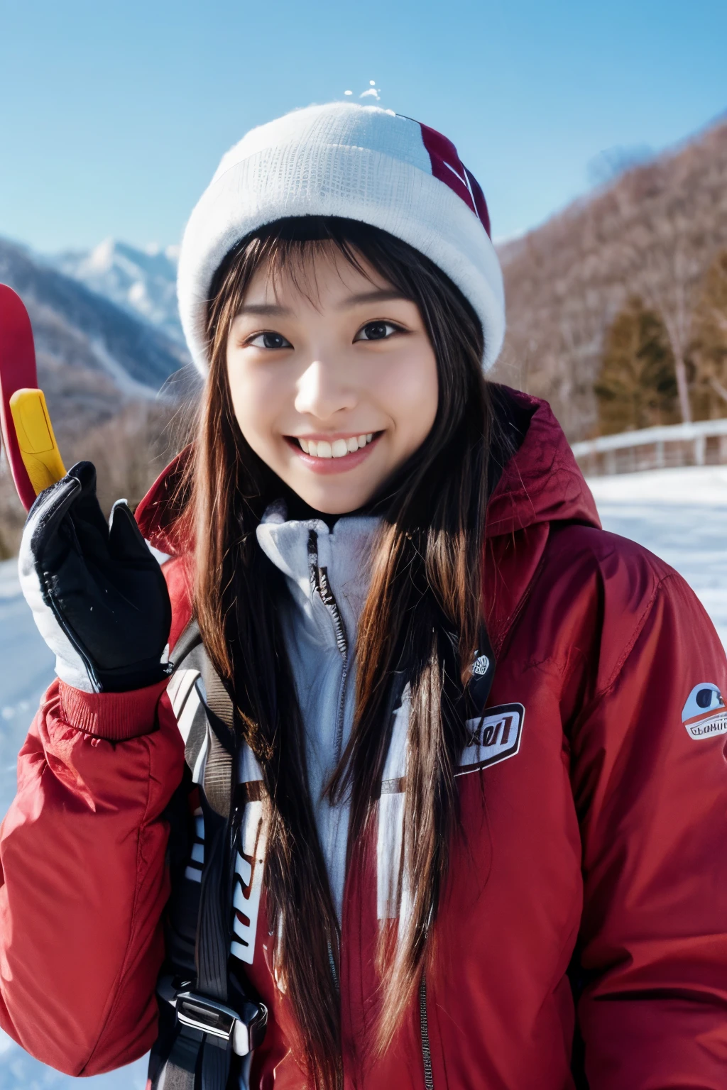 masterpiece、4k、highest quality、beautiful korean woman、Detailed description、1 girl、23 years old、(ski wear)、(to ski:1.1)、(movie, Ilford HP5, 80mm)、 Depth of the bounds written、cowboy shot、smile