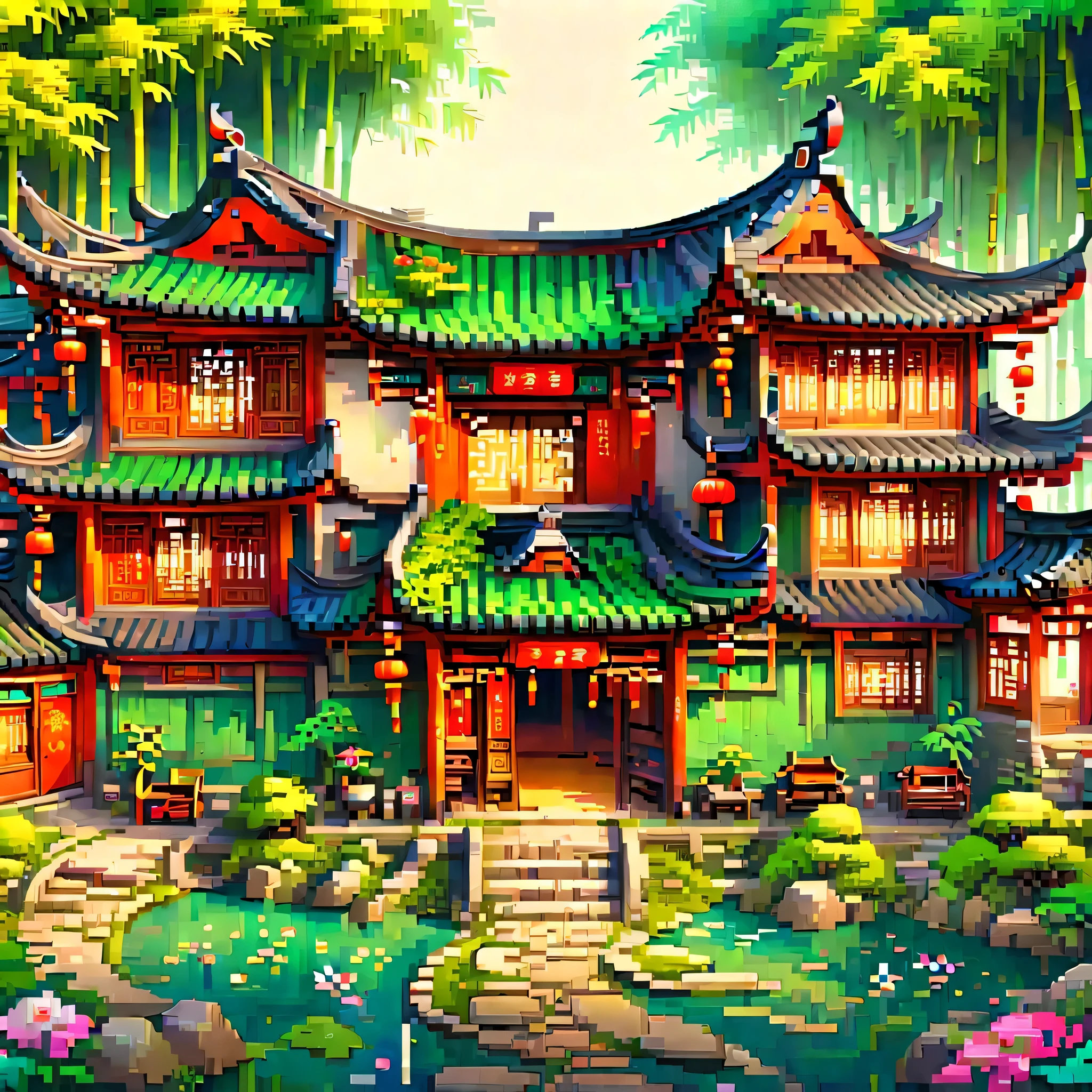 (masterpiece, best quality:1.2), ancient chinese house，bright colors，traditional building，bamboo forest，Black tile roof，Flower path，3d，(Aerial view)，((ox仔:1.5))，((pedestrian))，((ox))，((swallow))