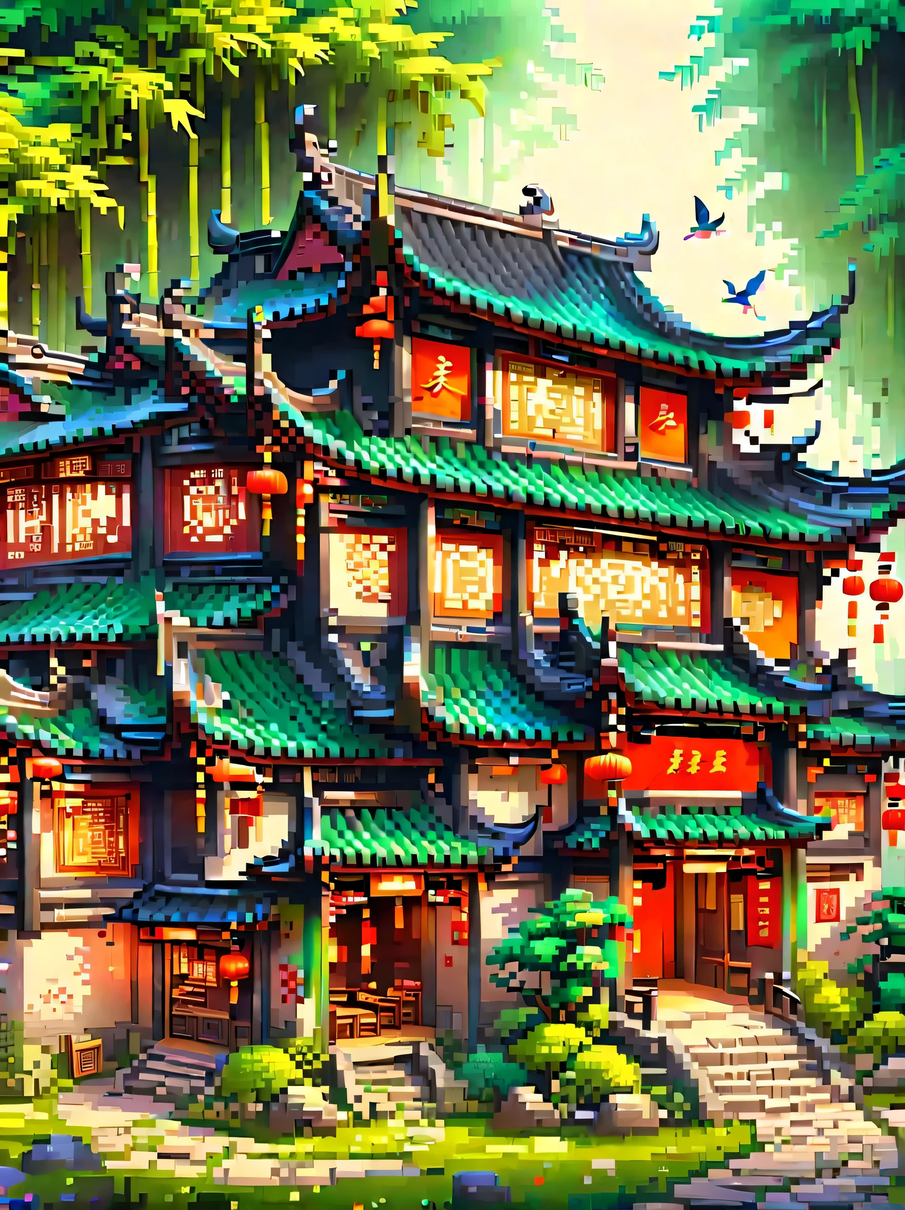 (masterpiece, best quality:1.2), ancient chinese house，bright colors，traditional building，bamboo forest，Black tile roof，Flower path，3d，(Aerial view)，((ox仔:1.5))，((pedestrian))，((ox))，((swallow))