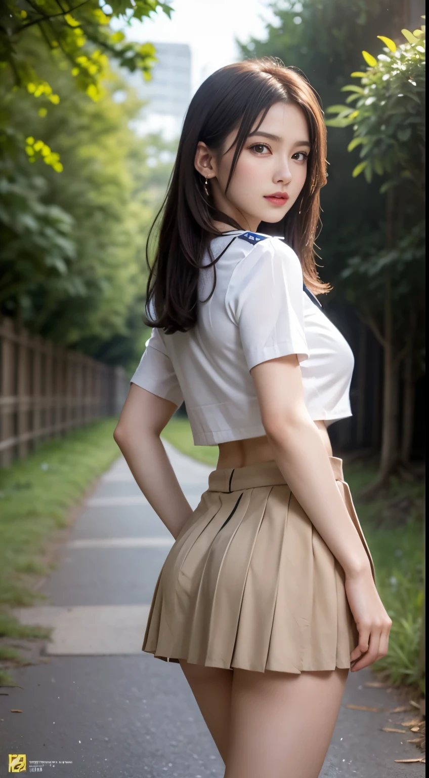 (highest quality:1.4), (hyper quality), (Super detailedな), 1 beautiful girl, (group of female high school students:1.3), Super cute, wonderful face and eyes, (Short-sleeved sailor suit made of thin white fabric), Brown pleated micro mini skirt with low rise:1.1, (brown pleated mini skirt:1.5), (Beautiful and incredibly big breasts:1.3), (The shape of the nipple protrusions through the uniform:1.4), (uniform is not exposed:1.2), (The fabric of the uniform is thin and the shape of her chest is clearly visible.:1.3), Realistic uniform wrinkles, (red ribbon:1.1), (underboob:1.1), (Massaging her breasts over her uniform:1.2), (slender body:1.1), (slender and long beautiful legs), (thin waist), real skin texture, crystal clear very white skin, (bangs:1.2), earrings, light makeup, (Don't look at me, look ahead), beautiful goddess advent, beautiful background, golden ratio, conceptual art, Super detailed, Accurate, advanced details, (walk along a path surrounded by fields:1.2), My chest sways, Super close, sexy art, (Under the summer sun), bright light, Super delicate illustration details, Highly detailed CG integrated 8k wallpaper, RAW photo, professional photos, cinematic lighting, Depth of the bounds written, No bra, (The nipple protrusions push up the uniform:1.2), (Sharp nipples through the uniform), cropped tops, High heels on bare feet, (back view, stick out your butt)